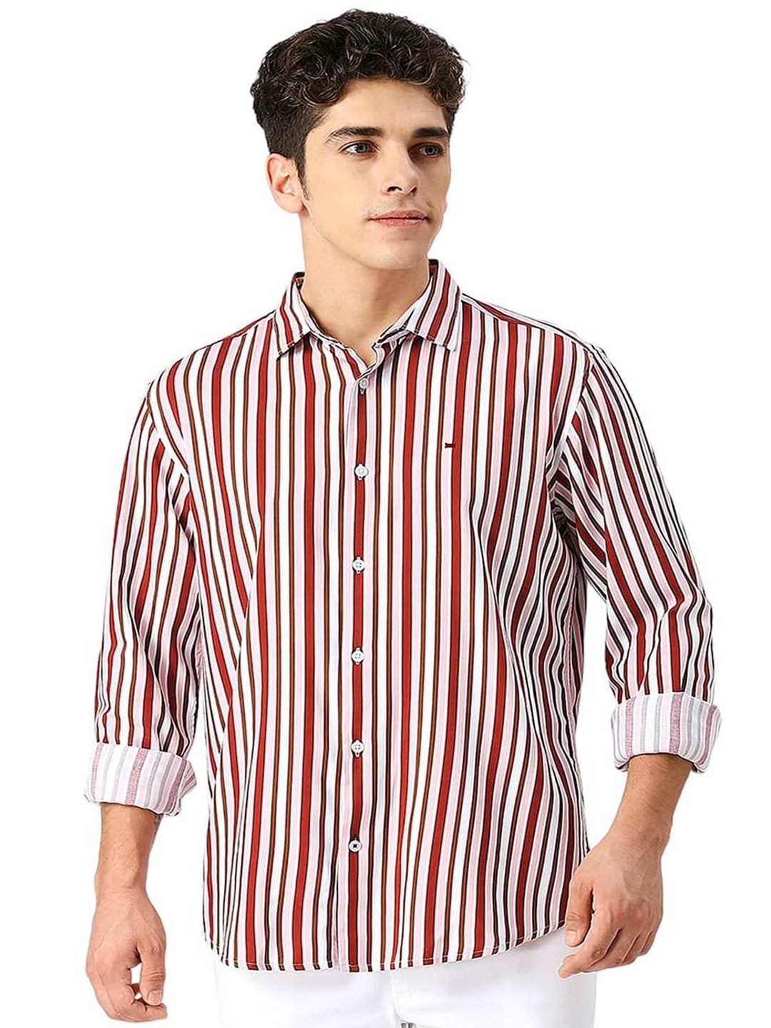 

Basics Men Slim Fit Spread Collar Vertical Striped Cotton Casual Shirt, Maroon