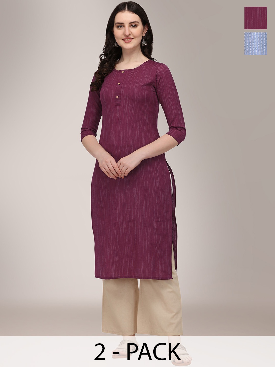 

KALINI Selection Of 2 Striped Round Neck Straight Kurtas, Maroon