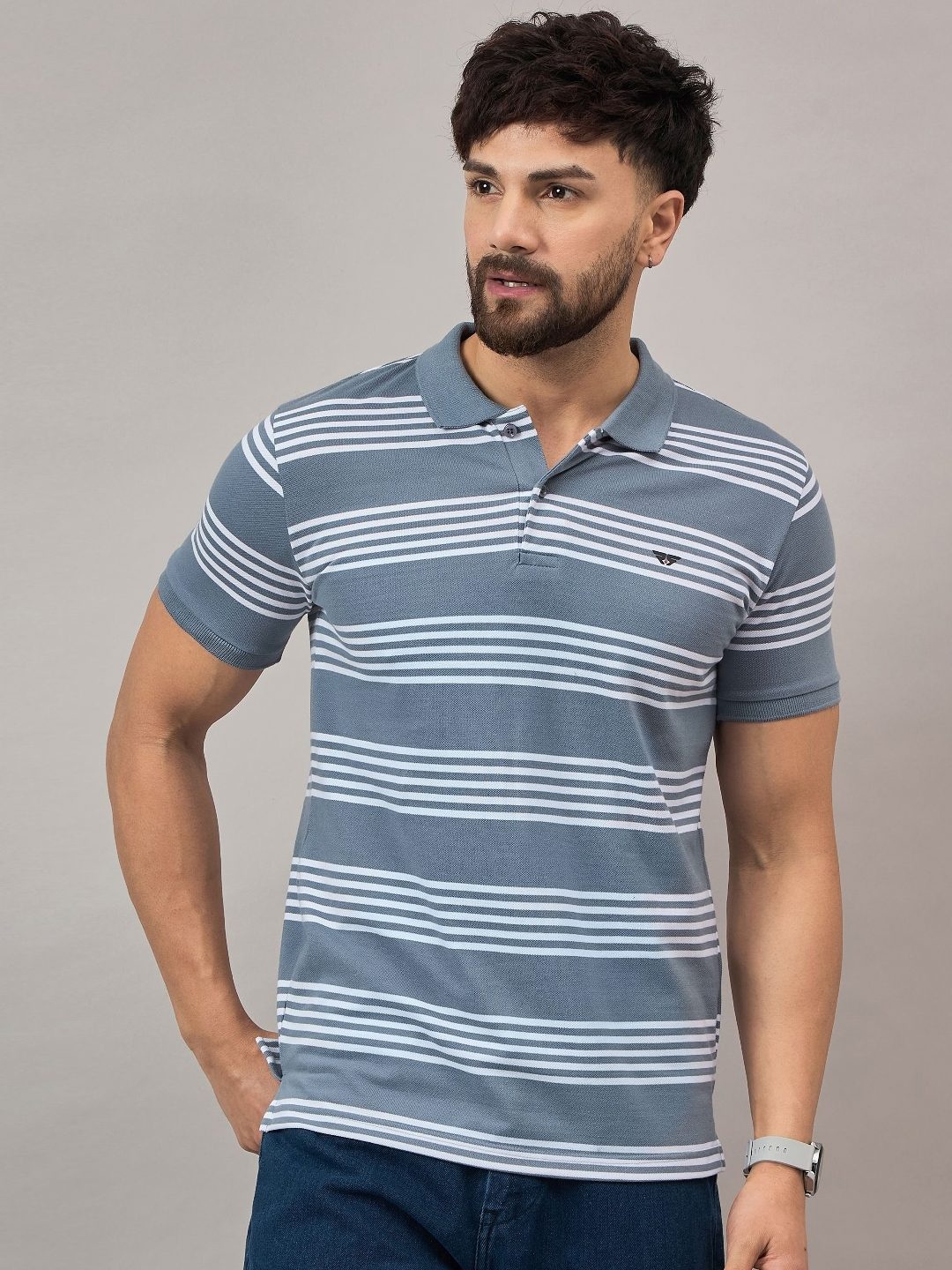 

REPRISE Men Striped Polo Collar Cotton T-shirt, Grey