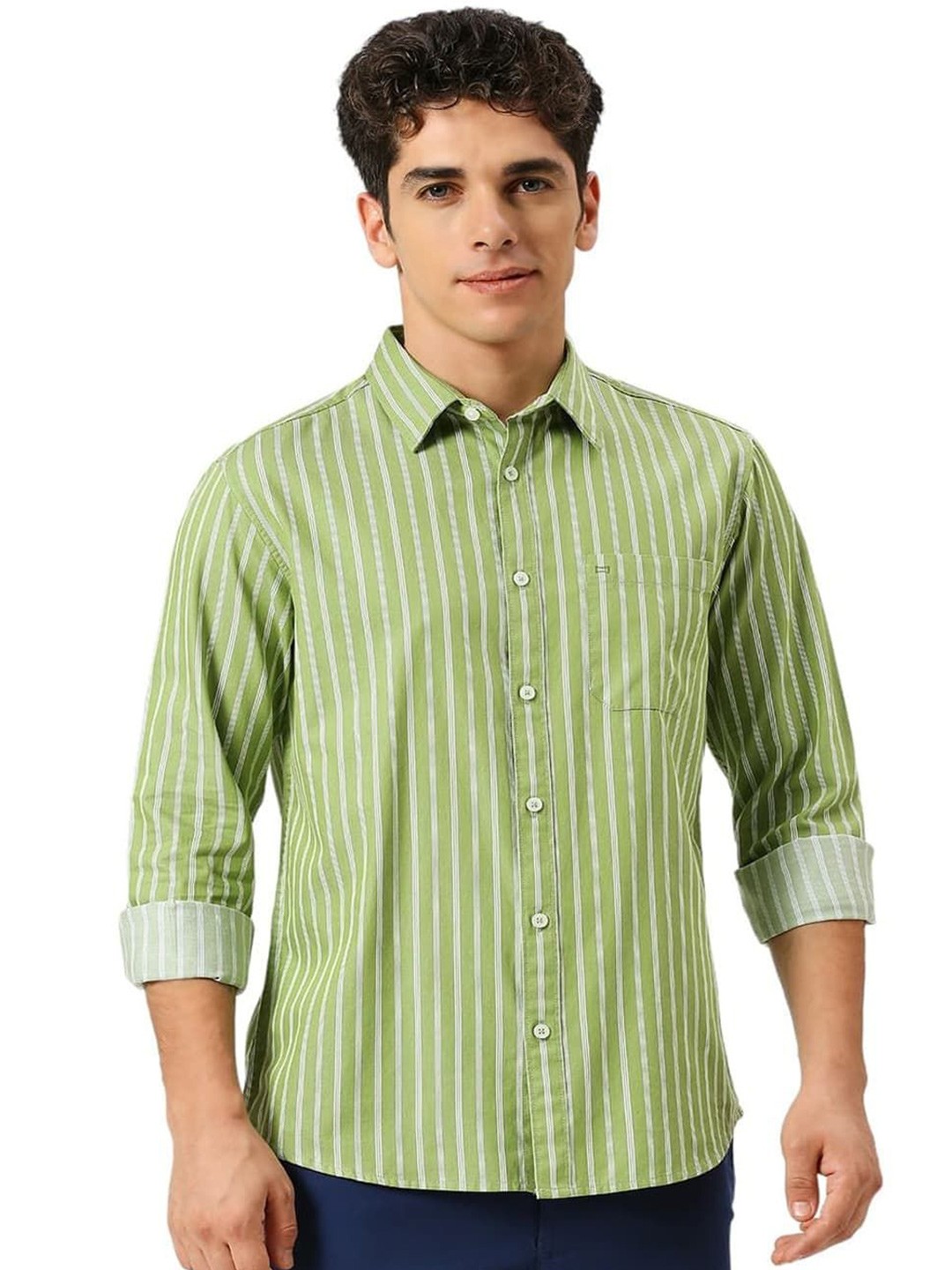 

Basics Men Slim Fit Spread Collar Vertical Striped Cotton Casual Shirt, Green