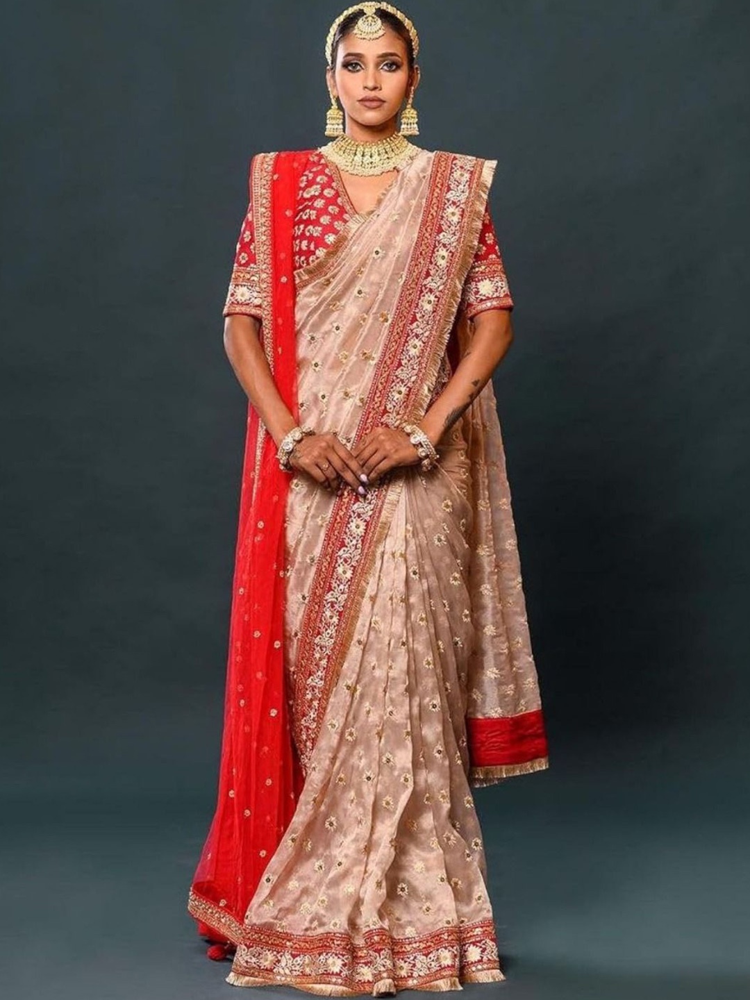 

Anouk Floral Sequinned Organza Heavy Work Saree, Beige