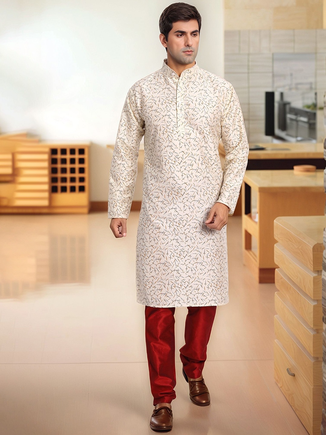 

Moda Rapido Geometric Printed Mandarin Collar Straight Kurta With Pyjama, Beige
