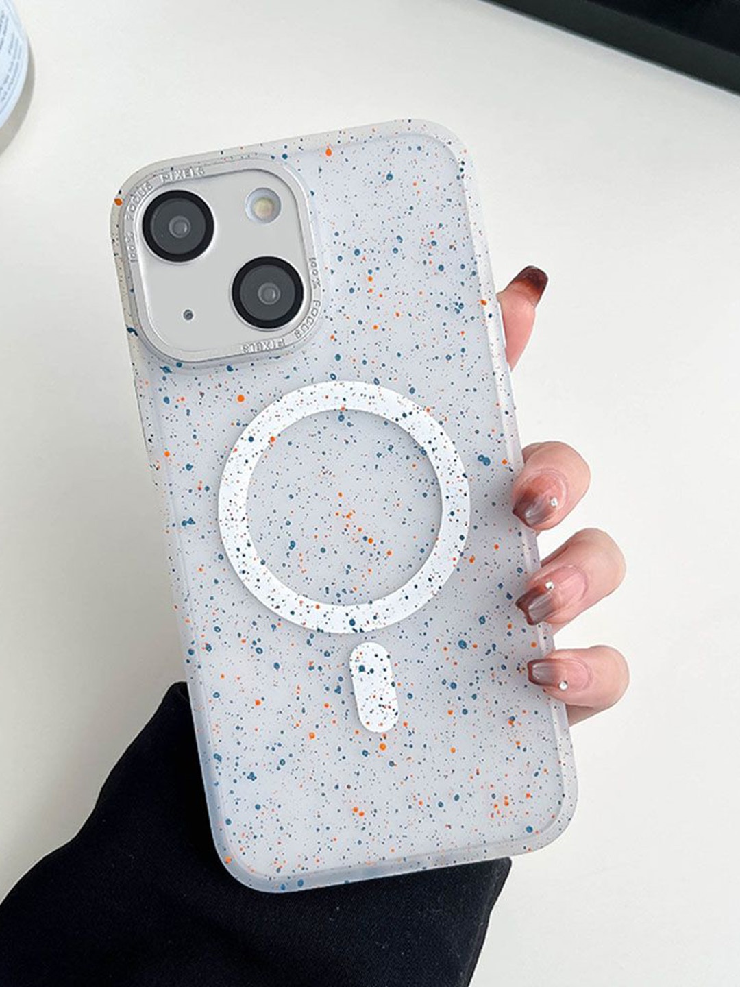 

Luxury Kase LK098 Abstract Printed iPhone 15 Plus Anti-Splash Ink Dot Painting Back Case, White