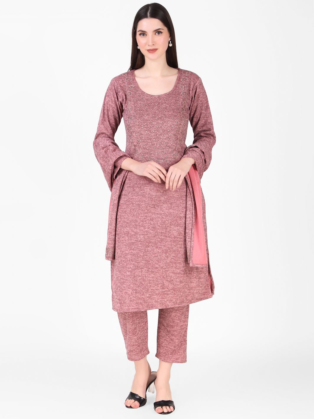 

FNOCKS Floral Embroidered Pure Wool Straight Kurta With Palazzos & Dupatta, Pink