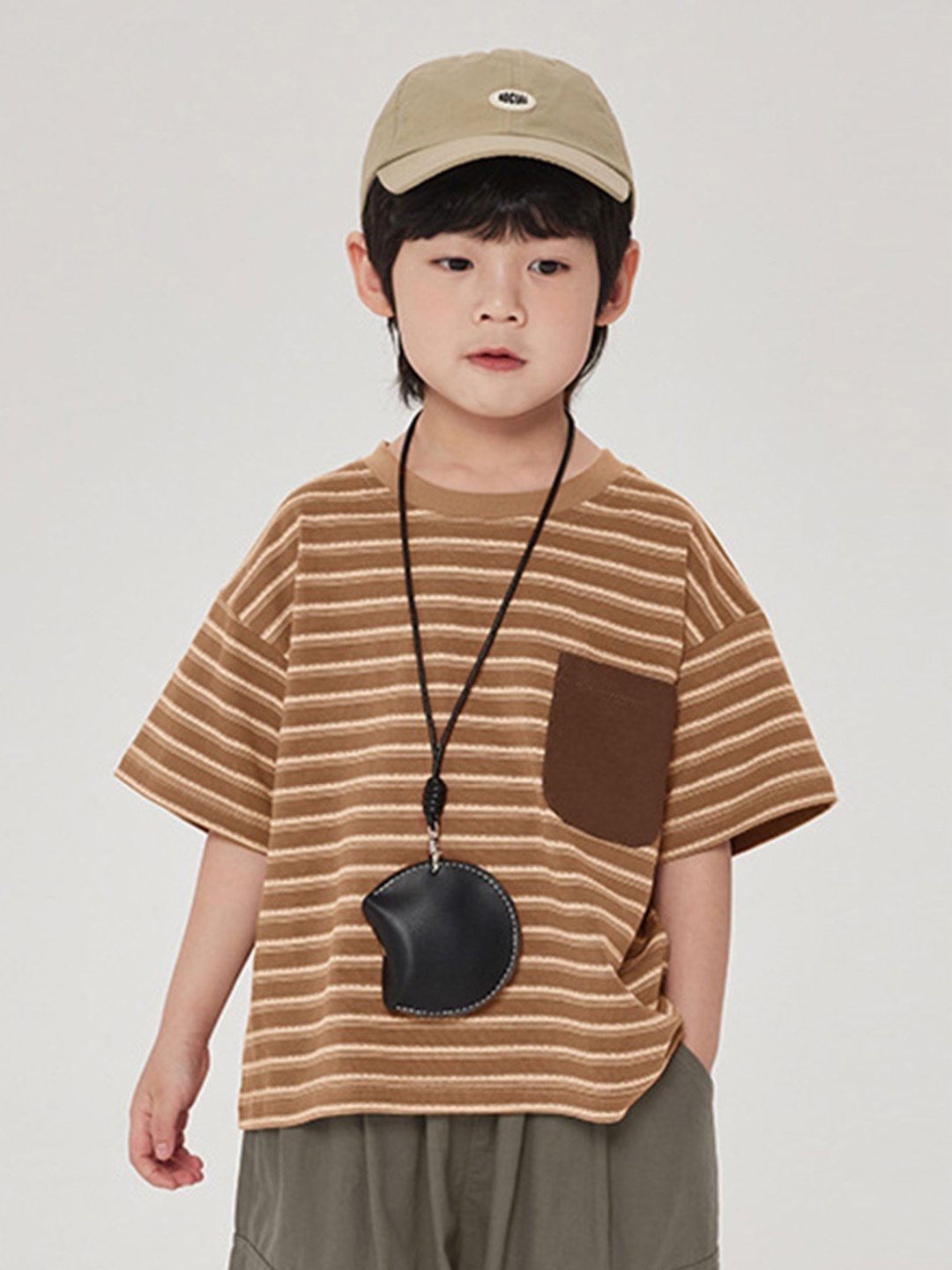 

LULU & SKY Boys Striped Henley Neck Pockets Boxy T-shirt, Brown