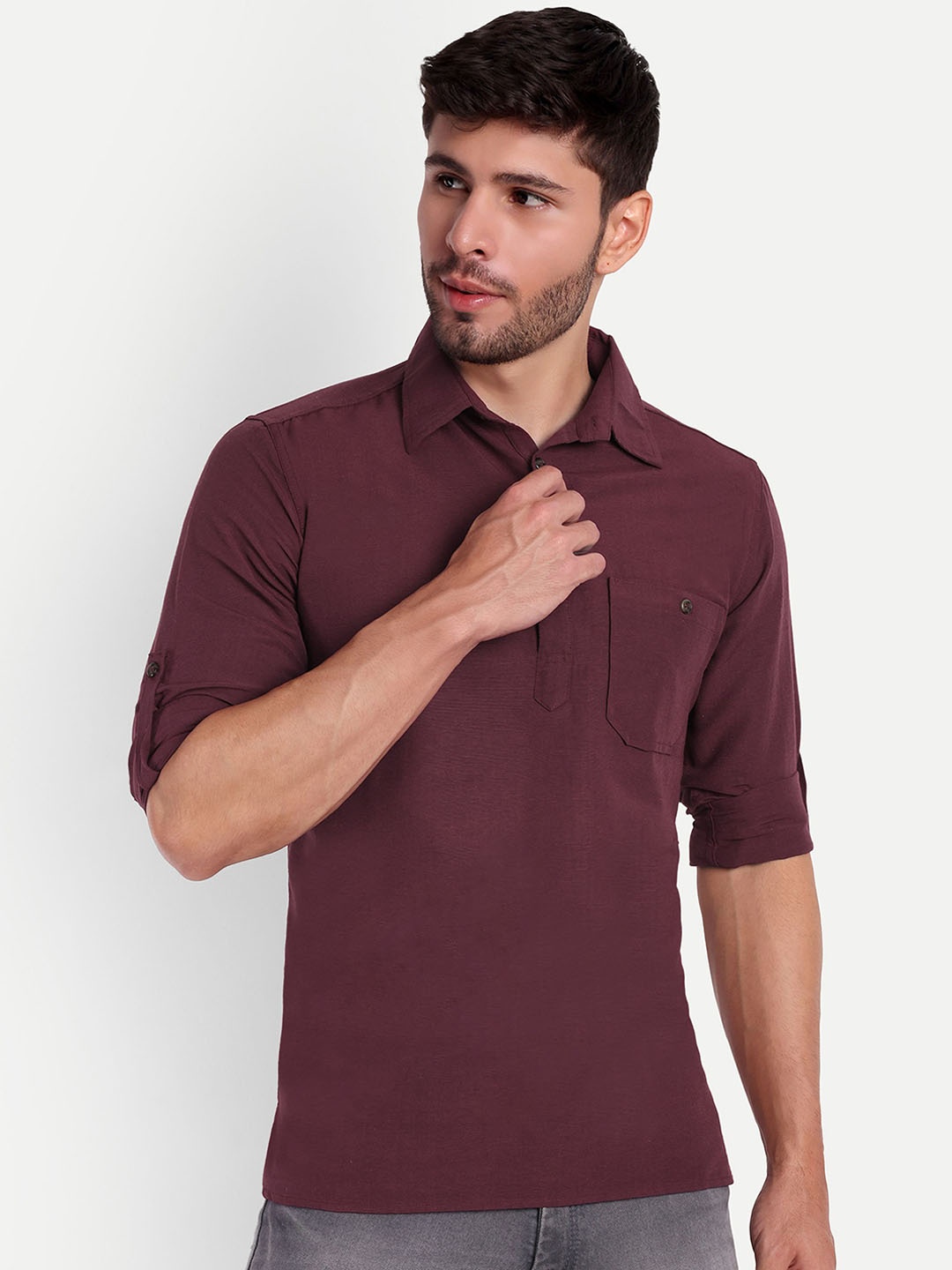 

LIFE ROADS Shirt Collar Roll-Up Sleeves Cotton Straight Short Kurta, Maroon