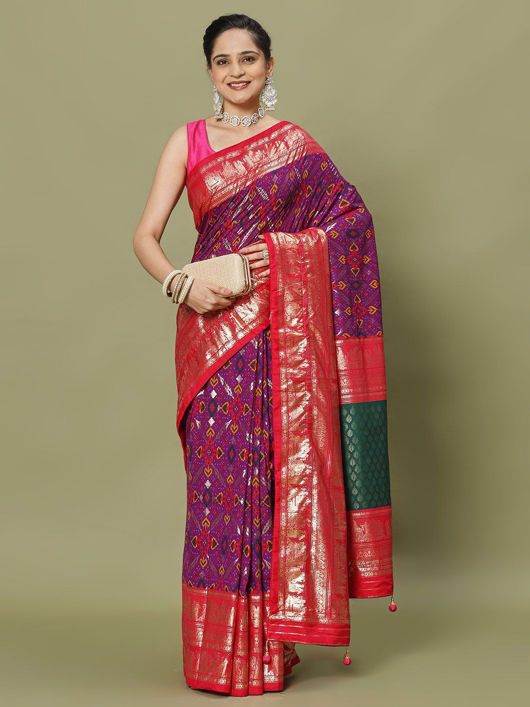 

Meena Bazaar Floral Printed Zari Saree, Purple