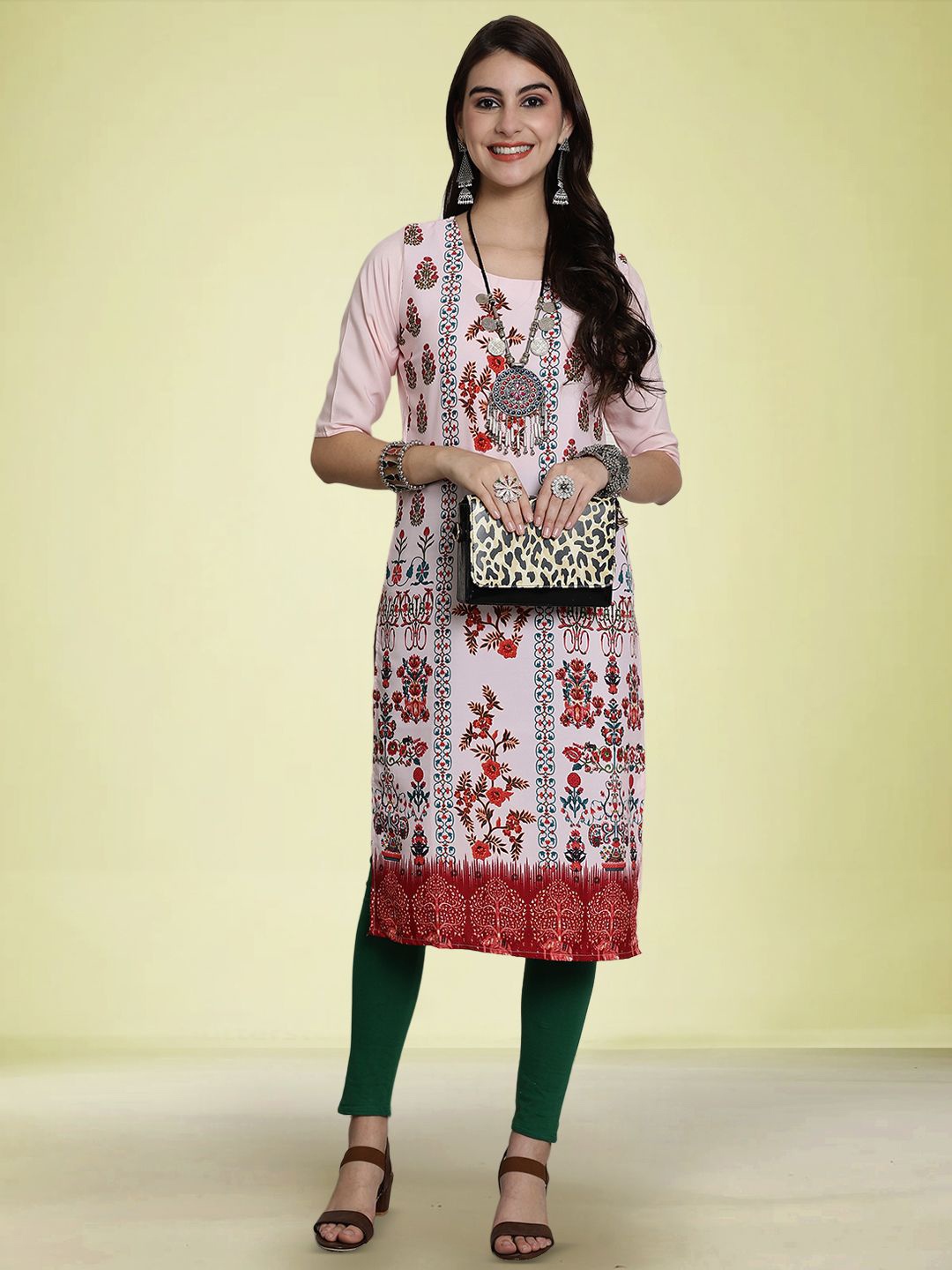 

Moda Rapido Floral Printed Round Neck Straight Kurta, Pink