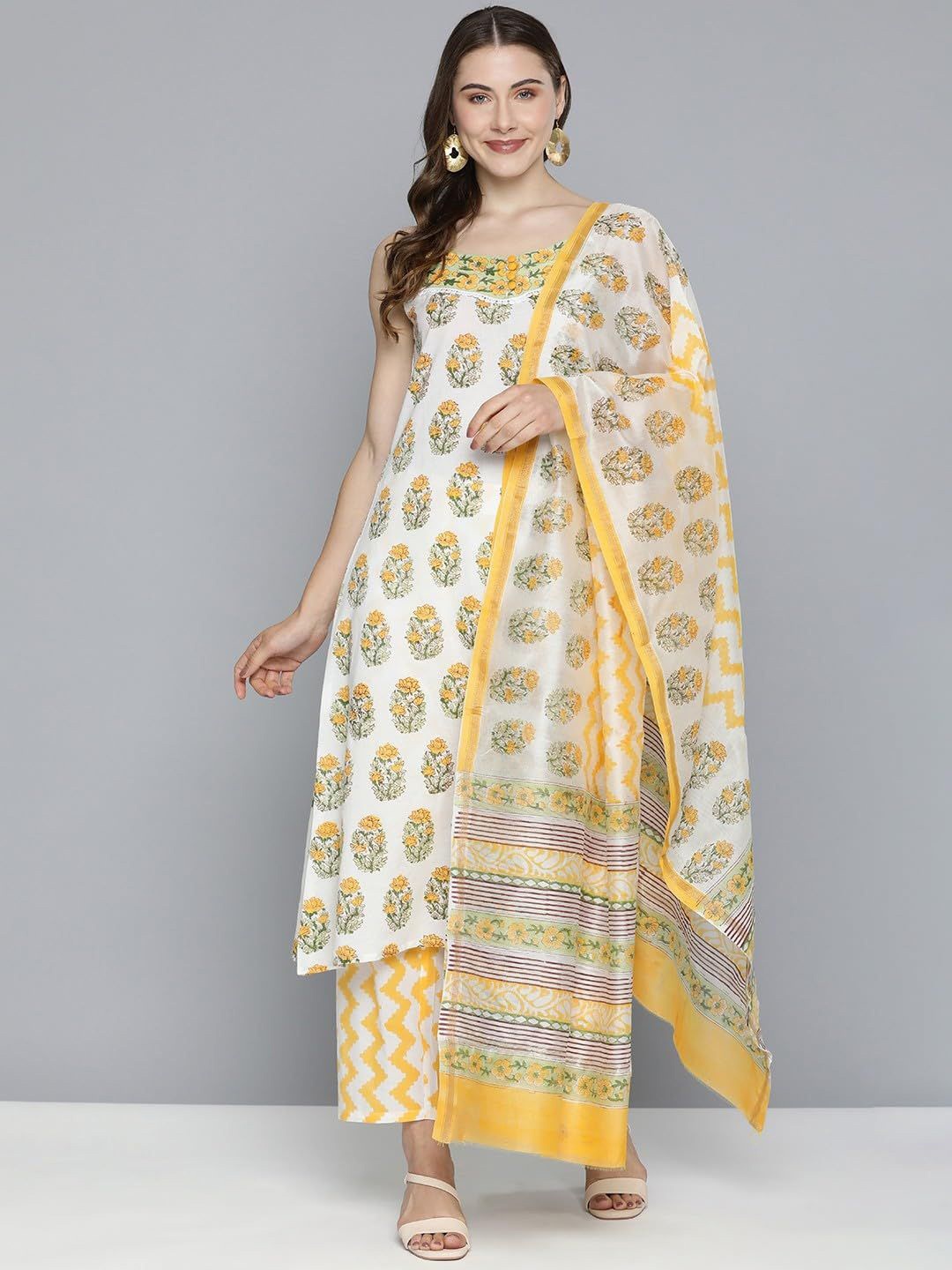 

13-Star Women Floral Printed Pure Cotton Kurta With Salwar & Dupatta, White