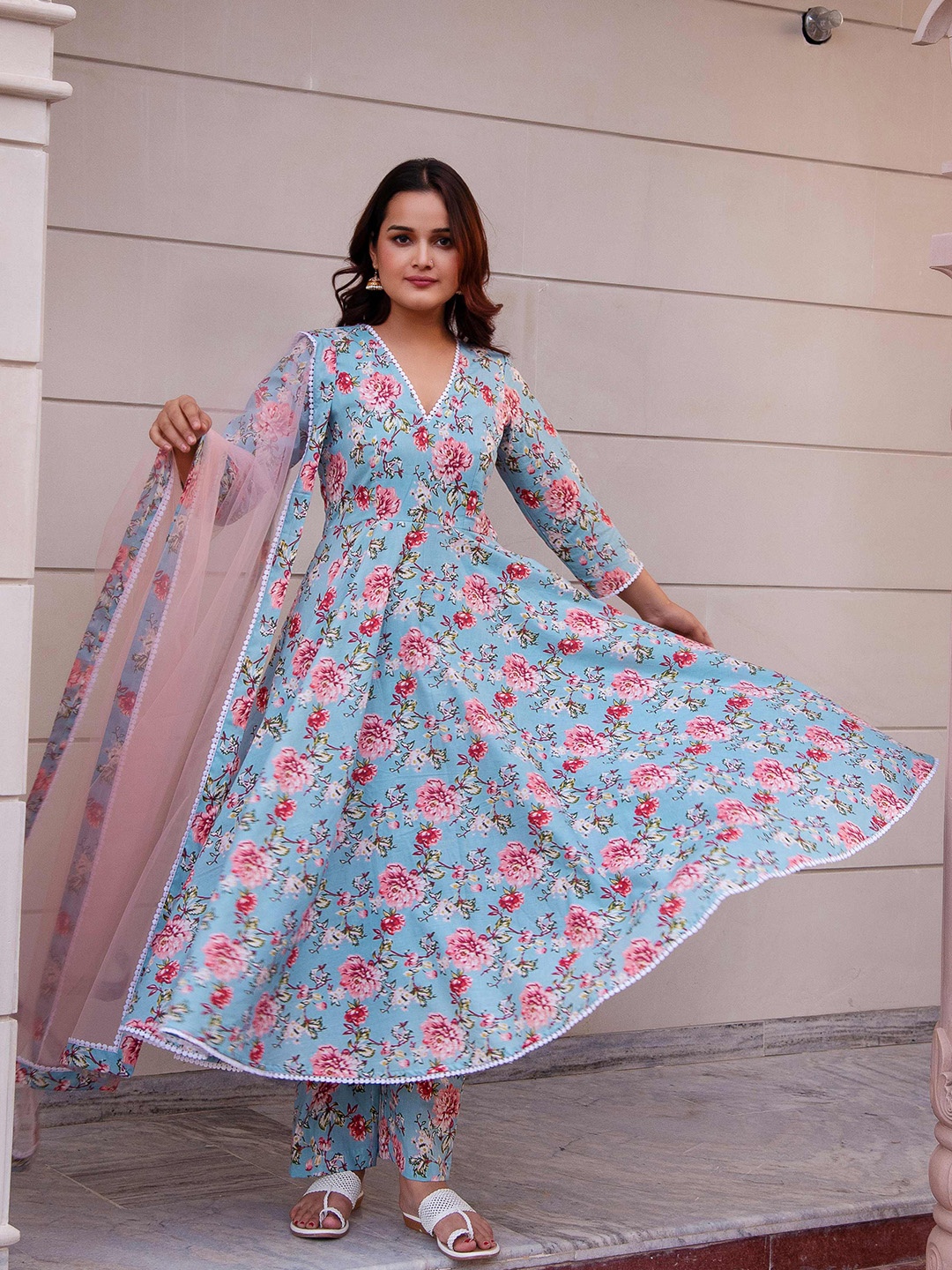 

Pomcha Floral Printed Pure Cotton Anarkali Kurta with Trousers & Dupatta, Blue