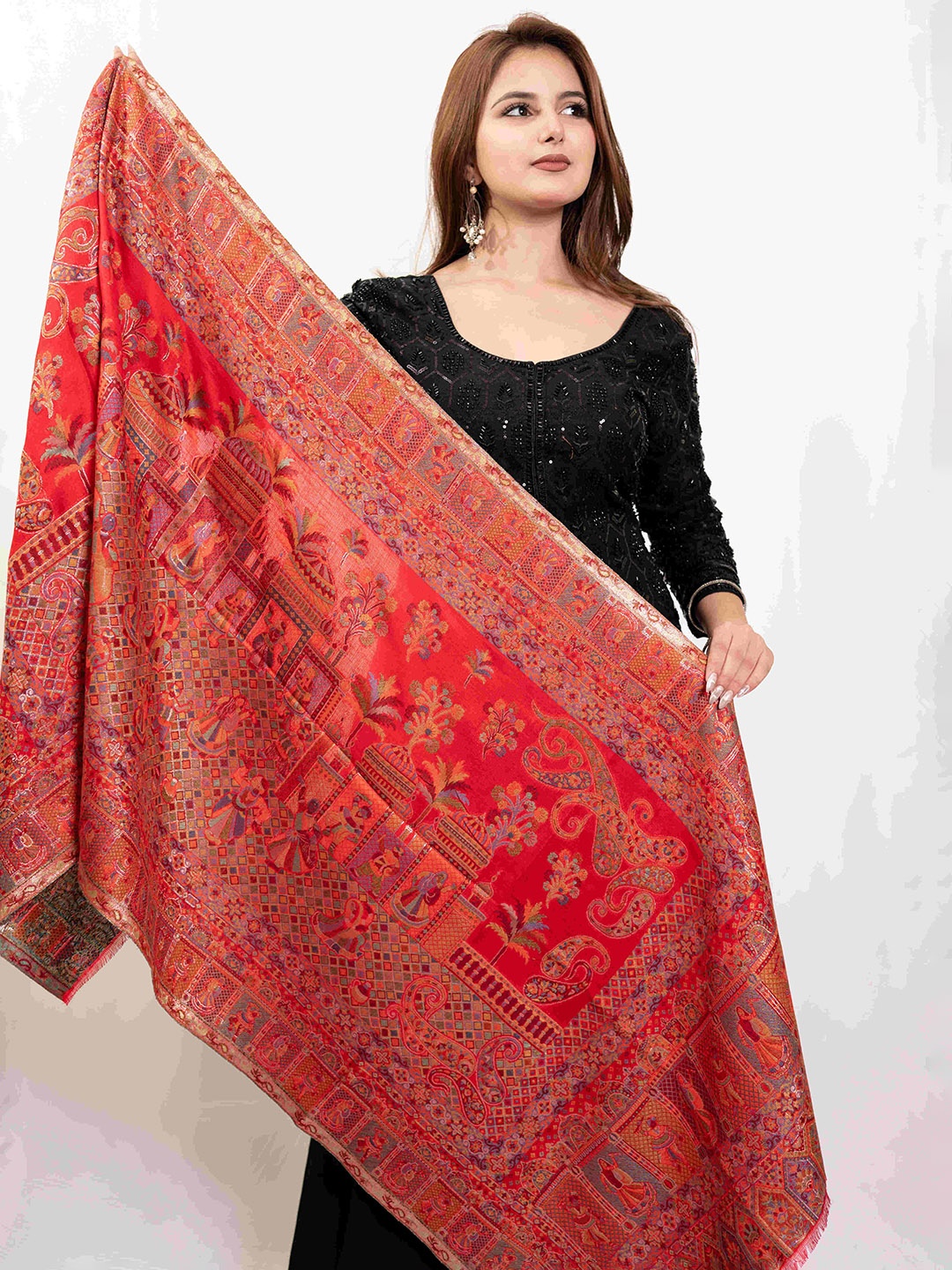 

PASHGIRI Ethnic Motifs Woven Design Pure Woollen Shawl, Red