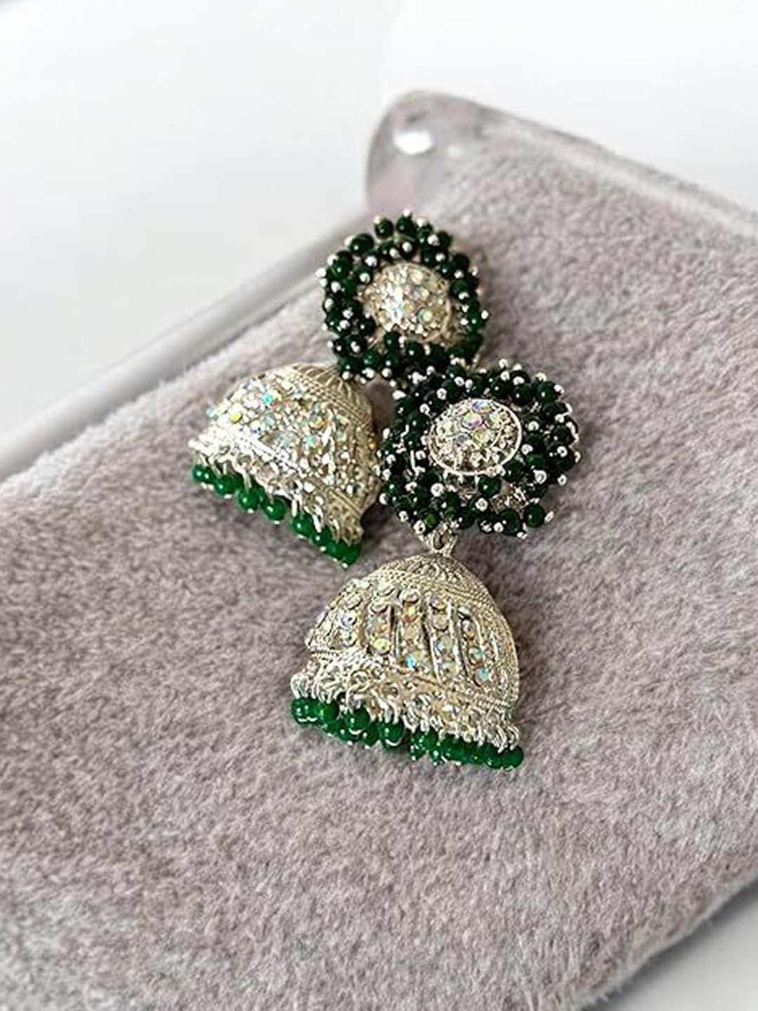 

JMBW INTERNATIONAL 925 Sterling Silver Plated Artificial Beaded Dome Shaped Jhumkas, Green