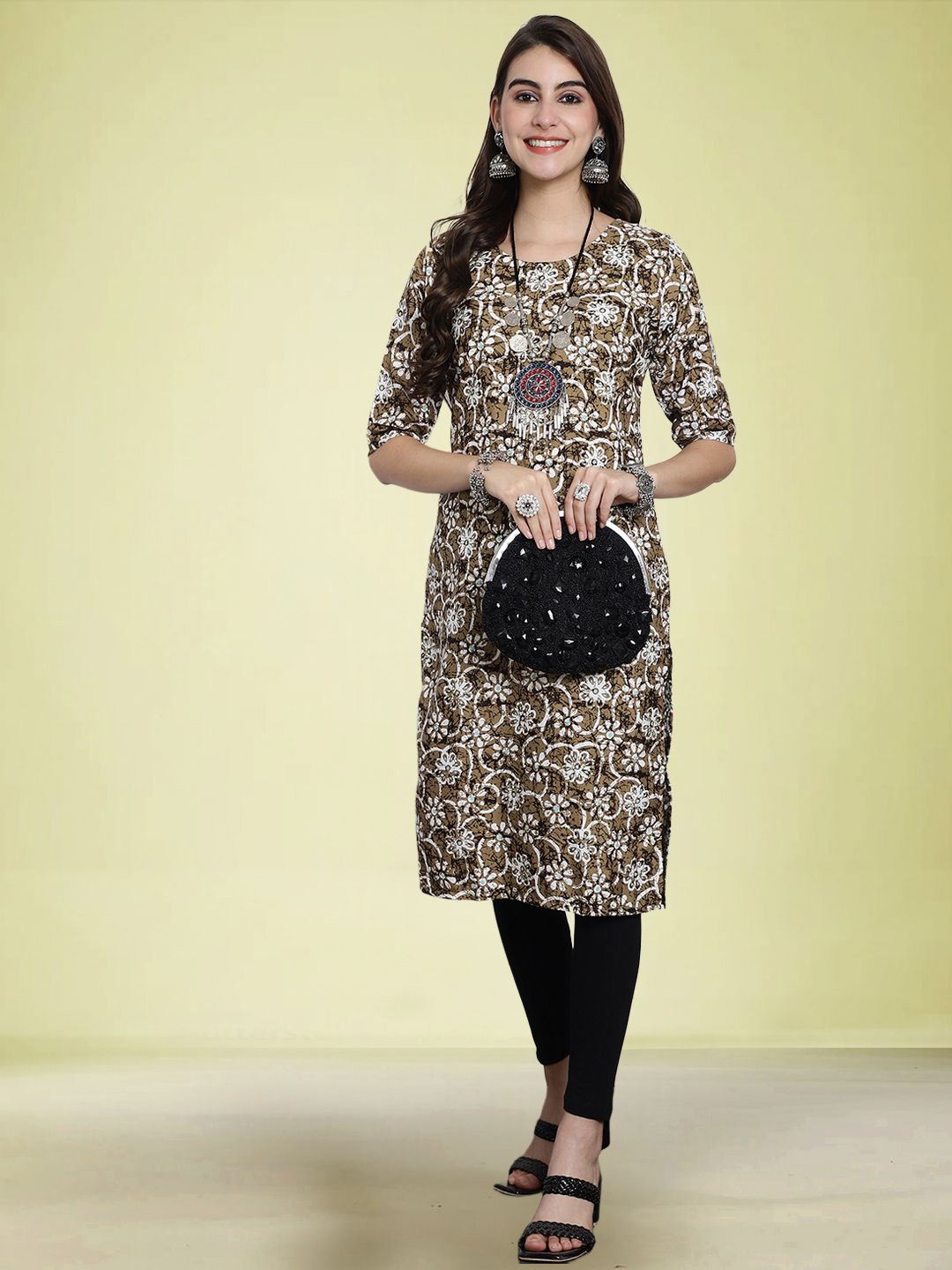 

Moda Rapido Floral Printed Round Neck Straight Kurta, Olive