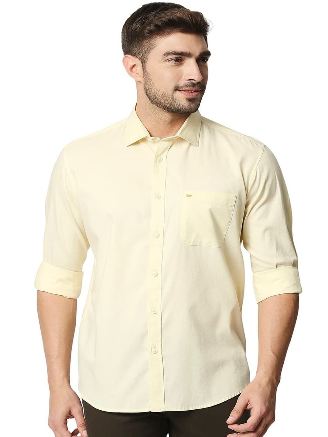 

Basics Men Slim Fit Spread Collar Solid Cotton Casual Shirt, Yellow