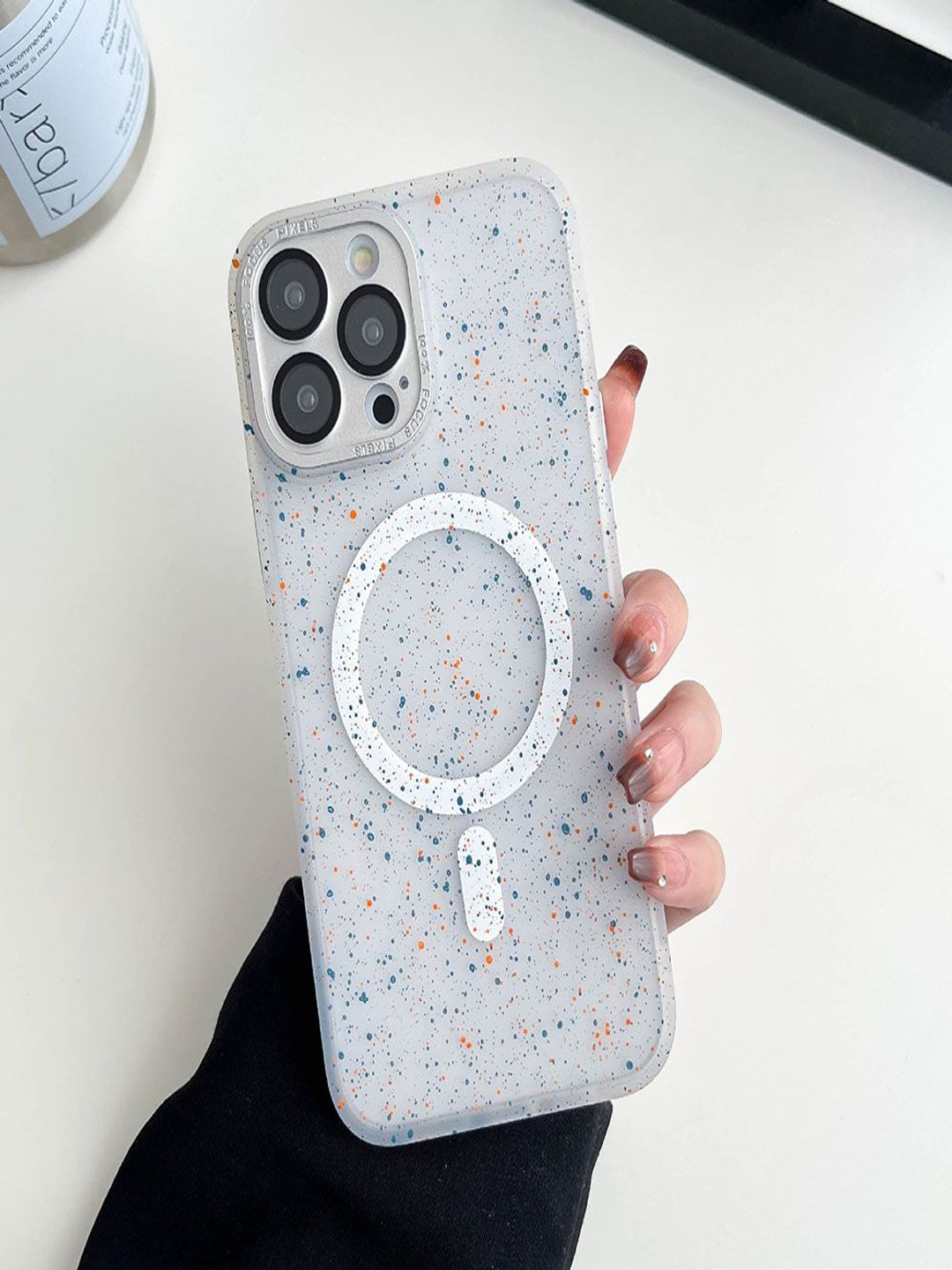 

Luxury Kase Abstract LK098 Anti-Splash Ink Dot Painting iPhone 13 Pro Max Back Case, White