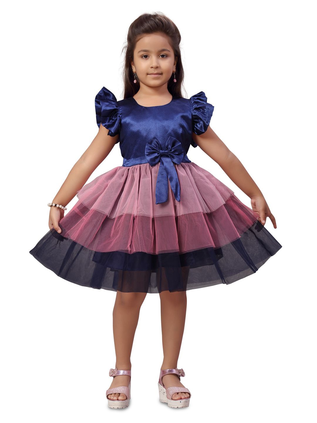 

YK Puff Sleeve Net Fit & Flare Dress, Navy blue