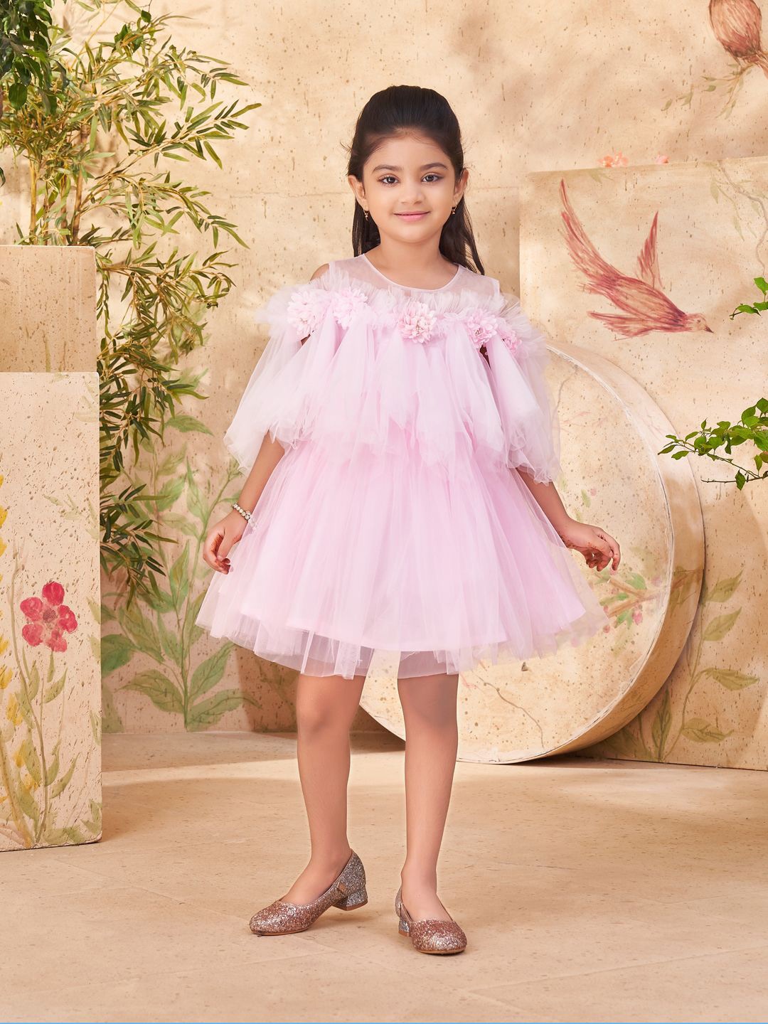 

YK Girls Self Design Fit & Flare Above Knee Dress, Pink