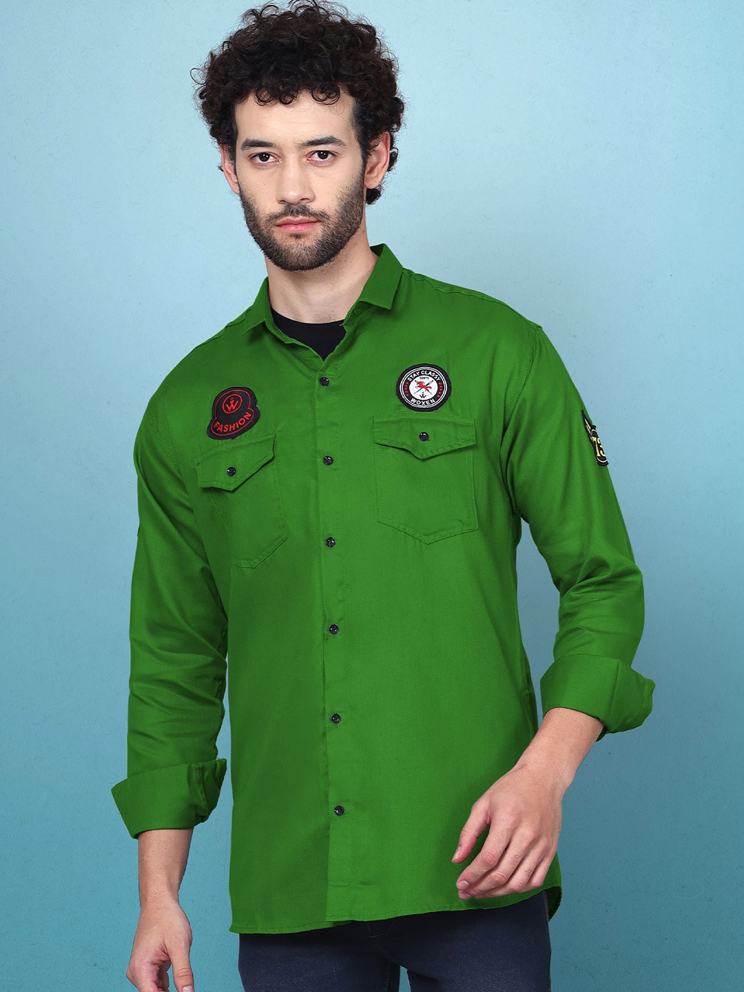 

WOXEN Men Original Fit Spread Collar Solid Cotton Casual Shirt, Green