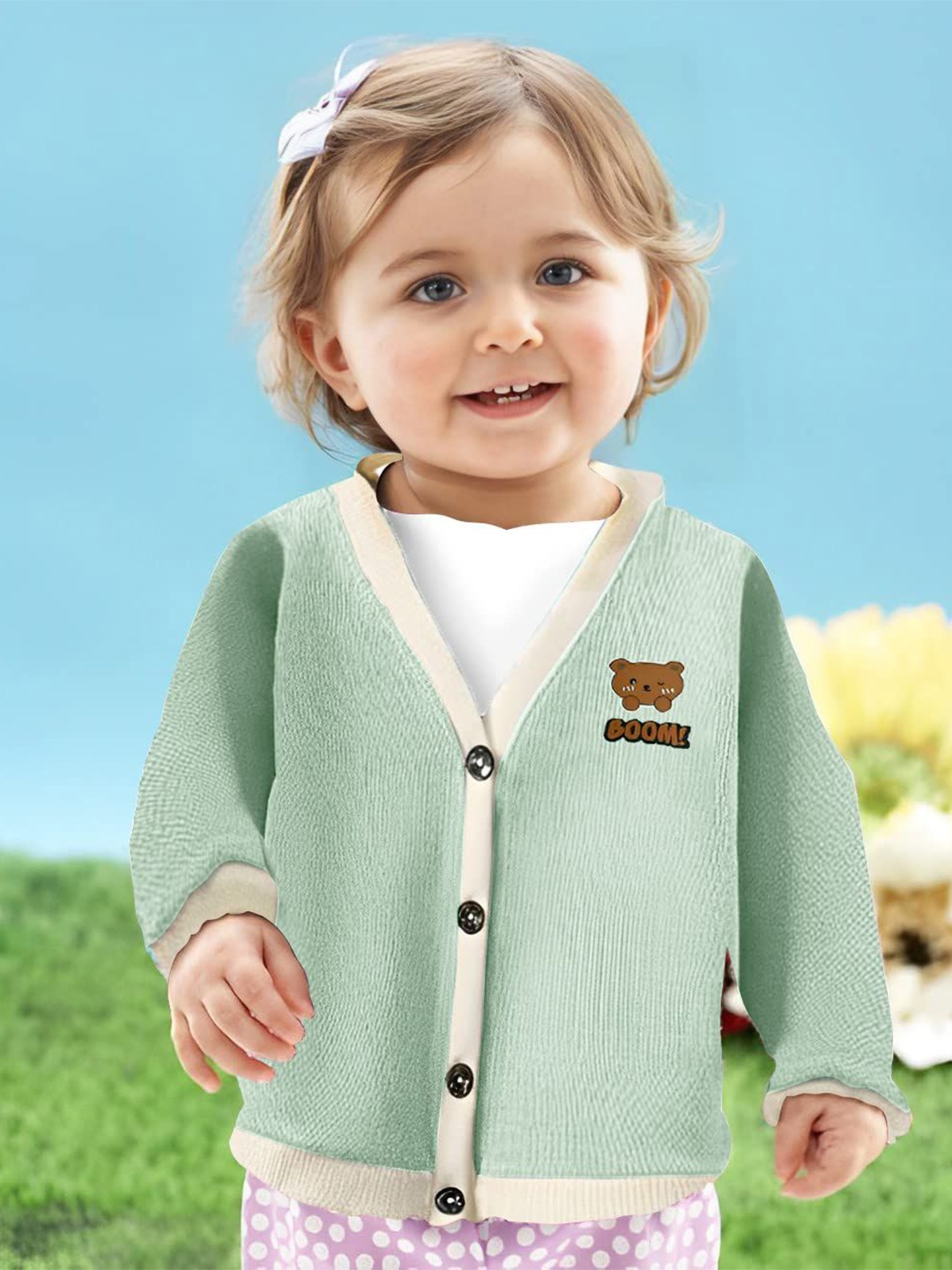 

MOMISY Kids Cotton Applique V-Neck Cardigan, Green