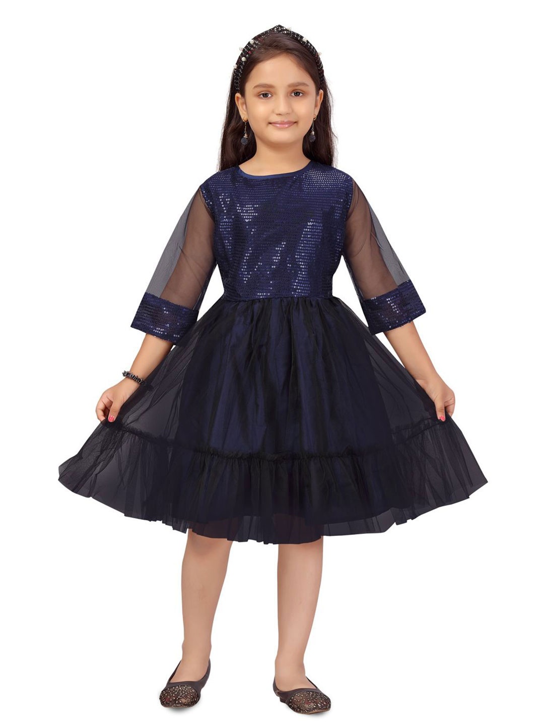 

Sangria Girls Embellished Fit and Flare Knee Length Dress, Navy blue