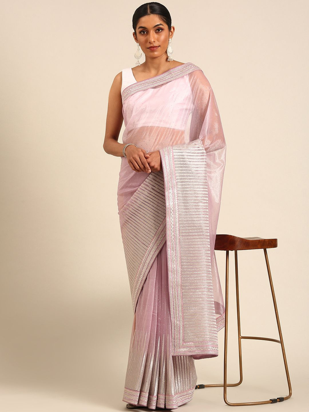 

Panzora Embellished Beads and Stones Net Saree, Pink