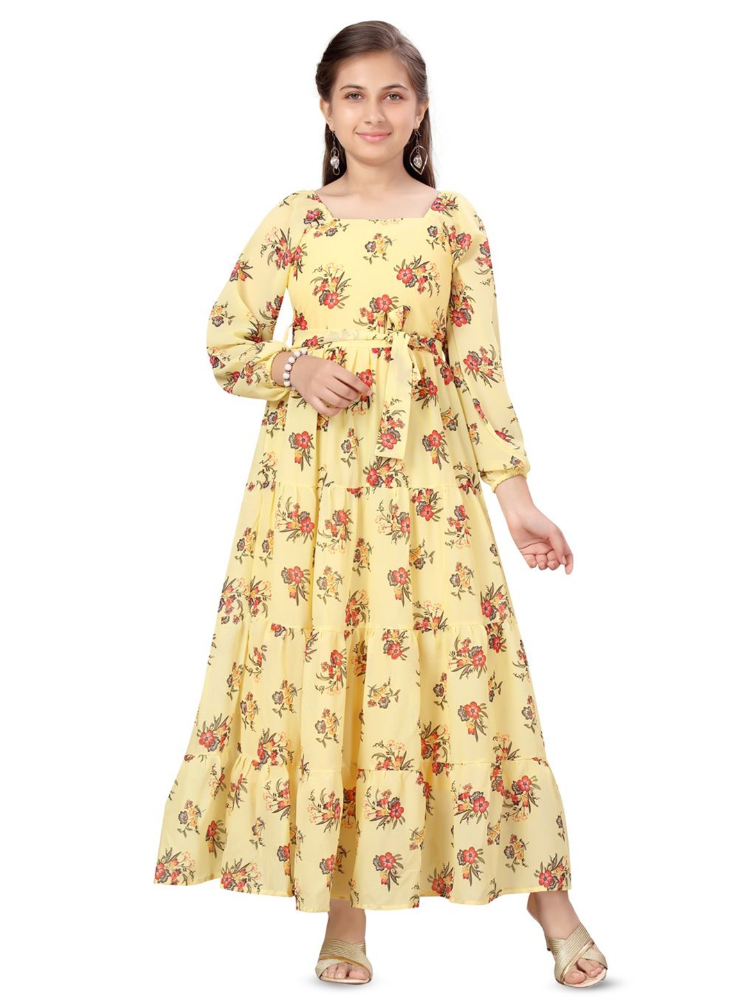 

YK Girls Floral Printed Georgette Maxi Dress, Yellow