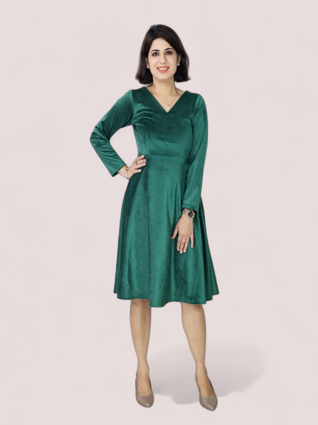 

GEETUES Velvet Fit & Flare Dress, Green