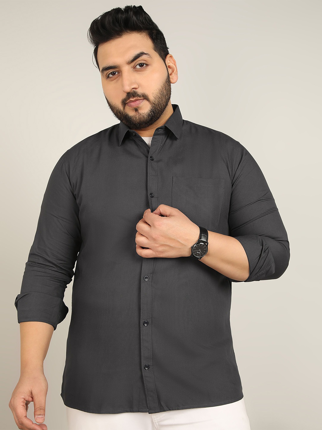 

ADWYN PETER Men Plus Size Classic Fit Spread Collar Solid Cotton Casual Shirt, Charcoal