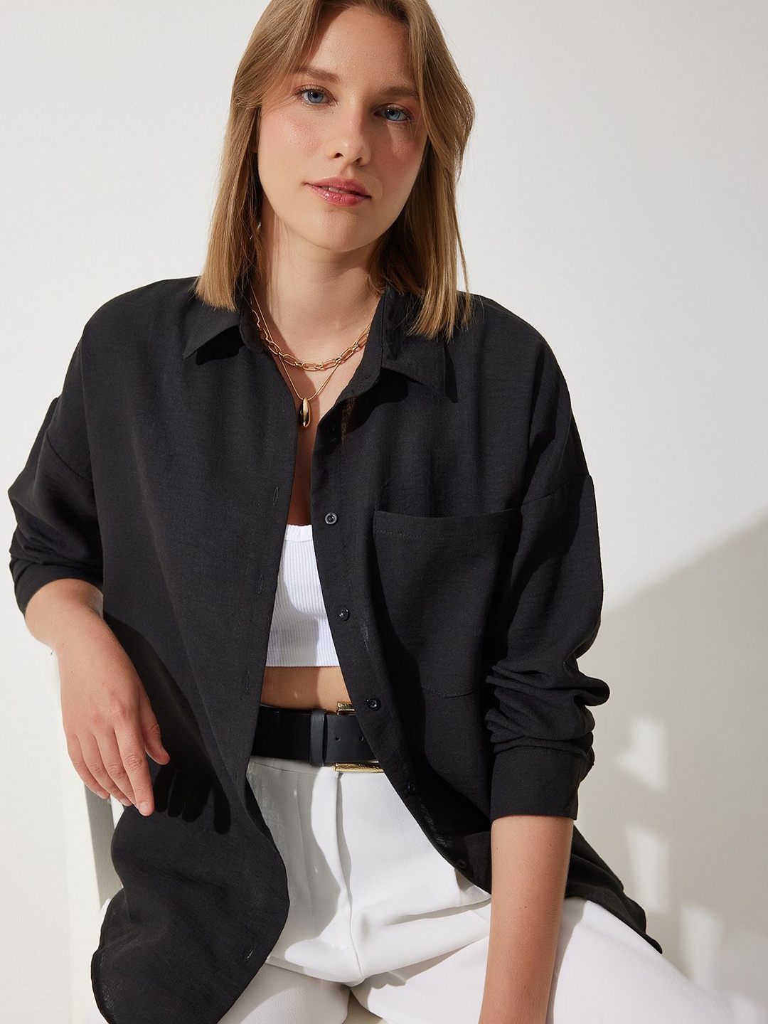 

Happiness istanbul Women Relaxed Fit Spread Collar Solid Casual Shirt, Black