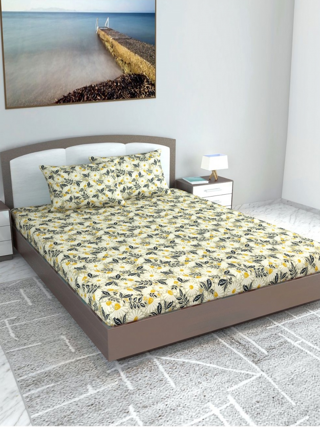 

Divine Casa Florate Grey & Yellow Floral Printed 144 TC King Bedsheet Set 2.70 x 2.70 m