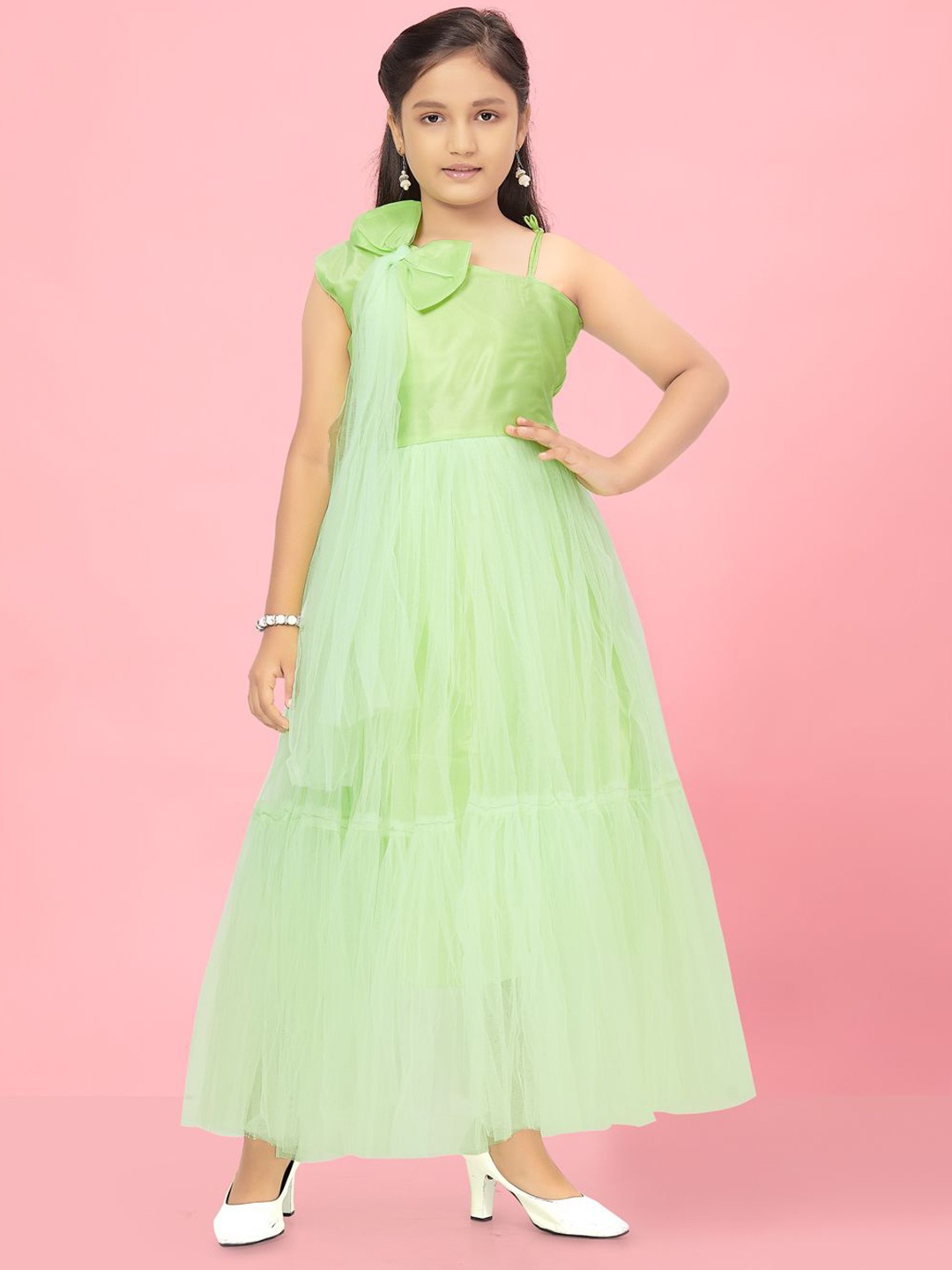 

YK Girls Net Gown Maxi Dress With Bow Detail, Green