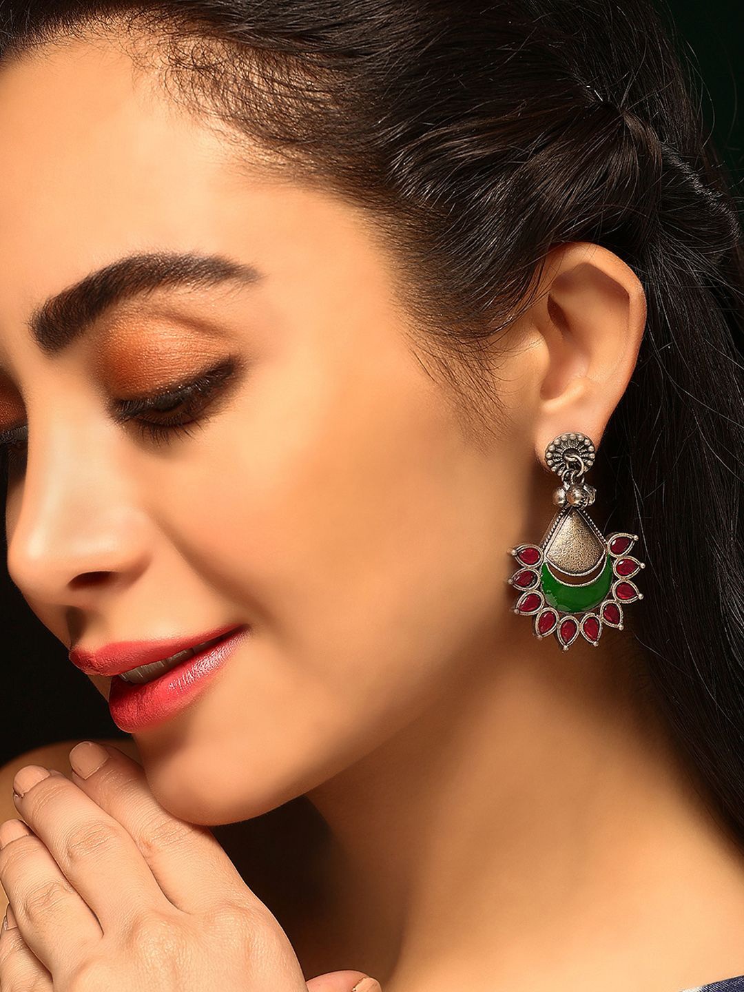 

Priyaasi Silver-Plated Stone Studded Contemporary Oxidised Drop Earrings