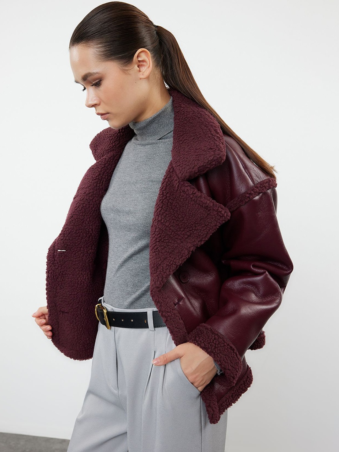 

Trendyol Women Plush Detail Biker Jacket, Burgundy