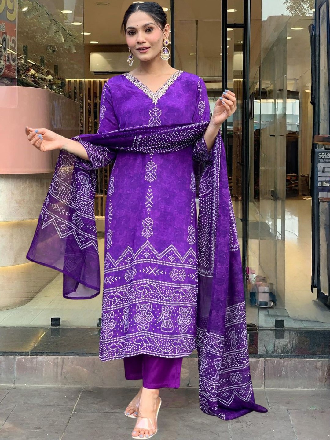 

Navlik Ethnic Motifs Printed Silk Crepe V-Neck Straight Kurta With Trousers And Dupatta, Purple