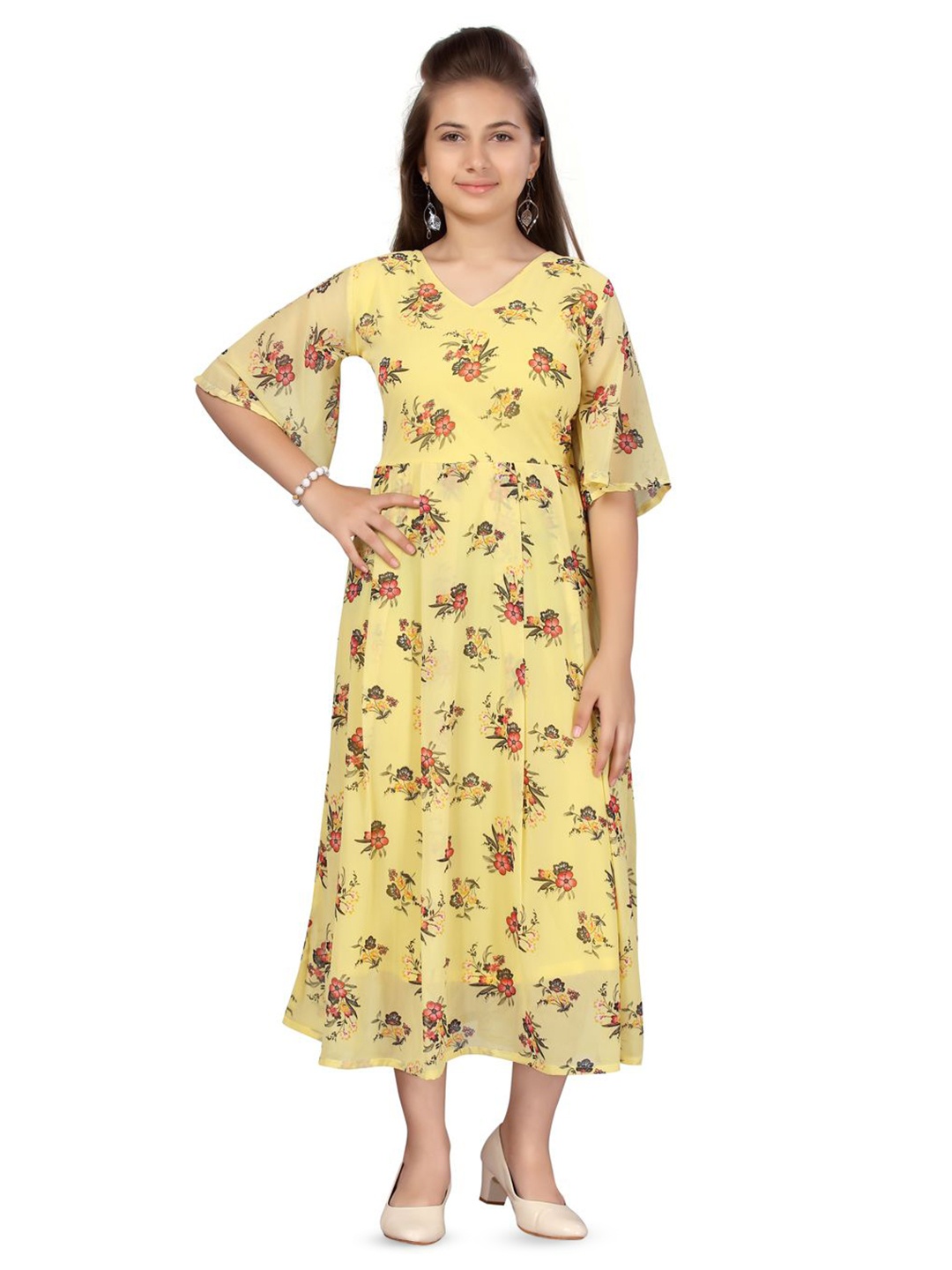 

YK Floral Print Flared Sleeve Georgette Fit & Flare Midi Dress, Yellow