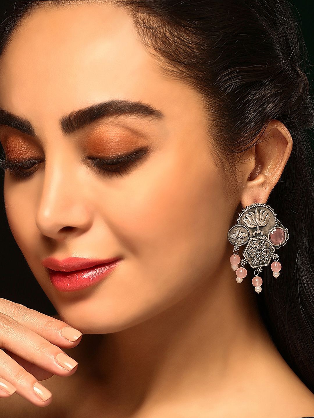 

Priyaasi Silver-Plated Crystals & Beaded Contemporary Oxidised Drop Earrings