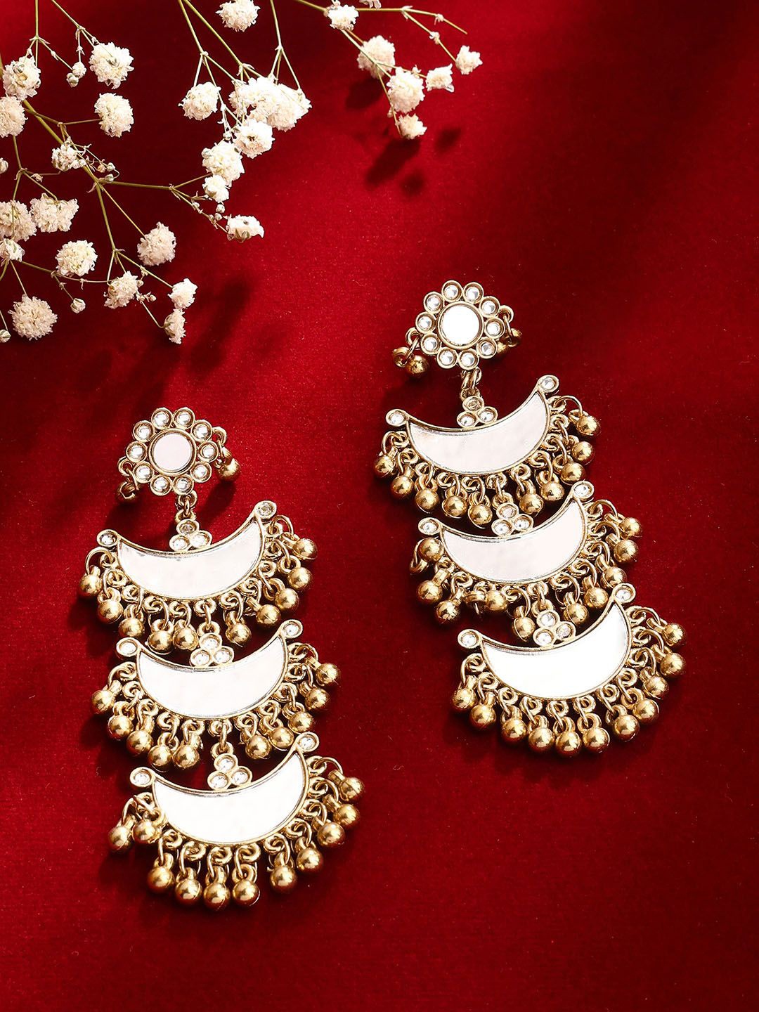 

Priyaasi Gold Plated Artificial Stones Studded Contemporary Mirror Chandbalis Earrings