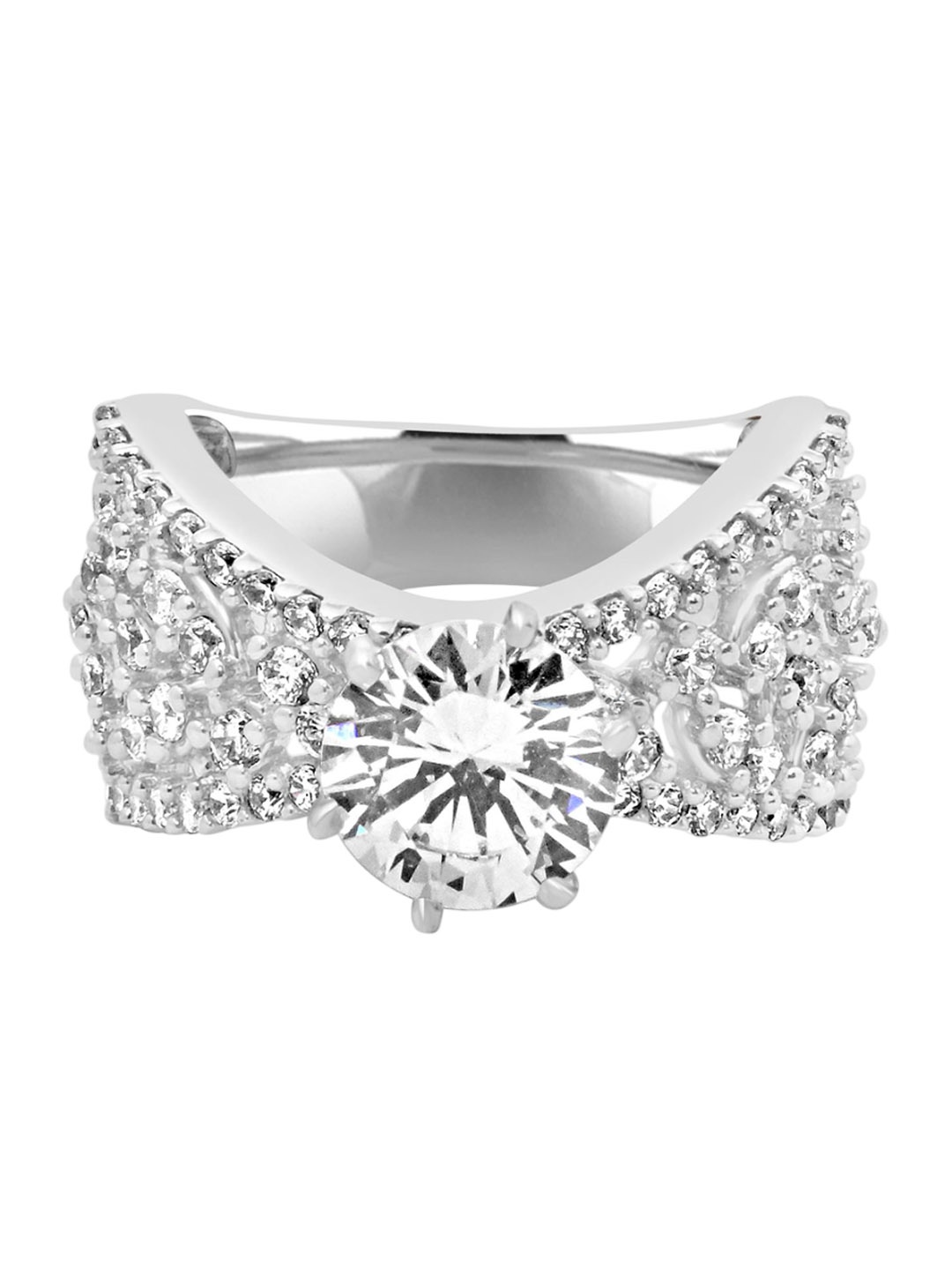 

925 SILLER 925 Sterling Silver Rhodium-Plated Cubic Zirconia-Studded Finger Ring