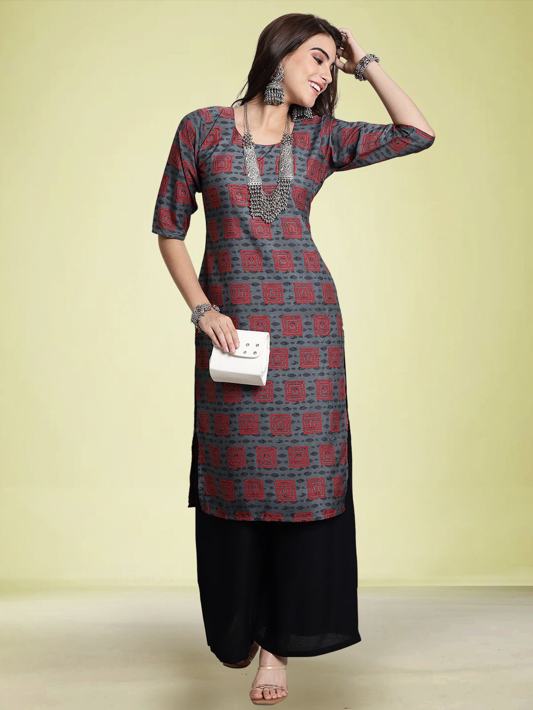 

Moda Rapido Geometric Printed Round Neck Straight Kurta, Grey