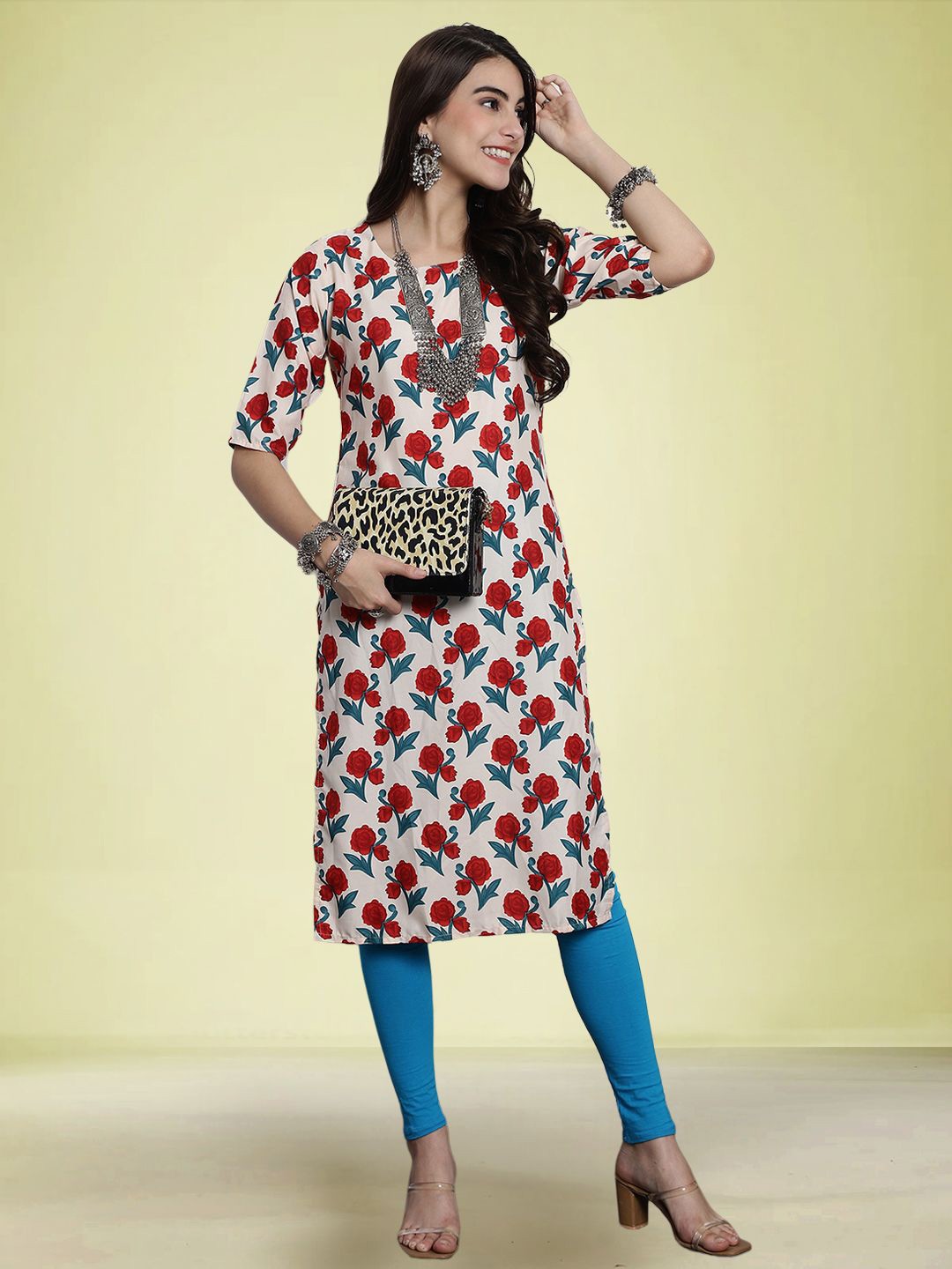 

Moda Rapido Women Ethnic Motifs Printed Indie Prints Kurta, Red
