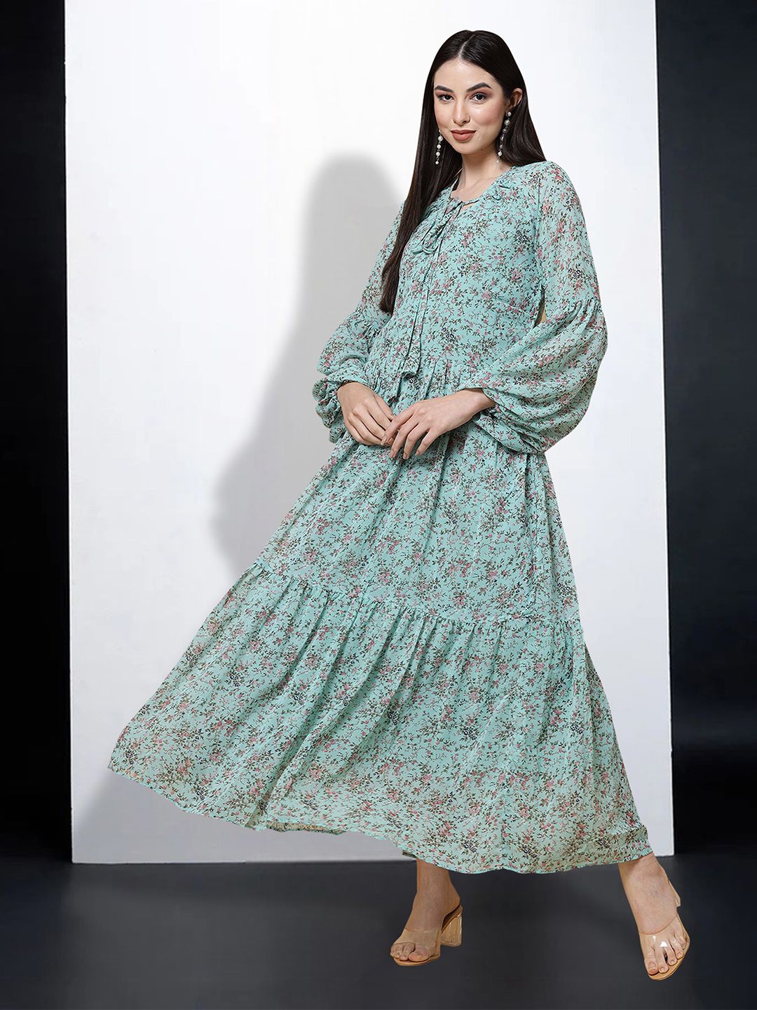 

MISS AYSE Floral Print Tie-Up Neck Maxi Dress, Turquoise blue