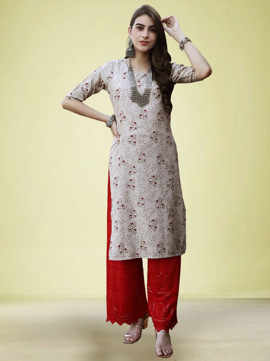 

Moda Rapido Floral Printed Round Neck Straight Kurta, Beige