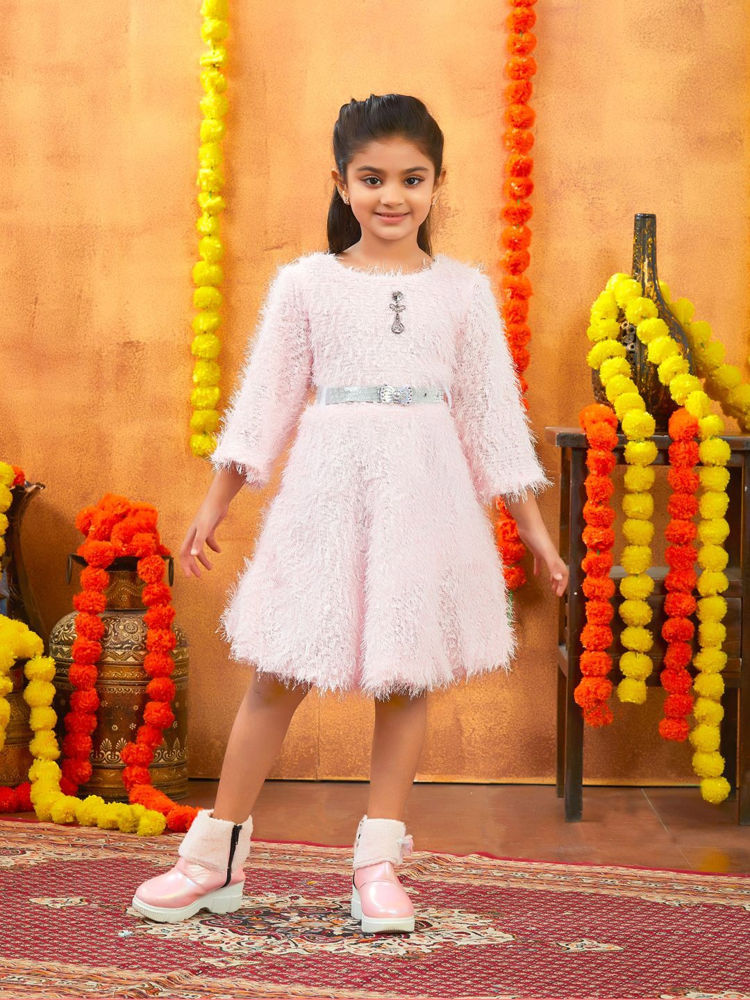 

YK Girls Woollen A-Line Dress, Pink