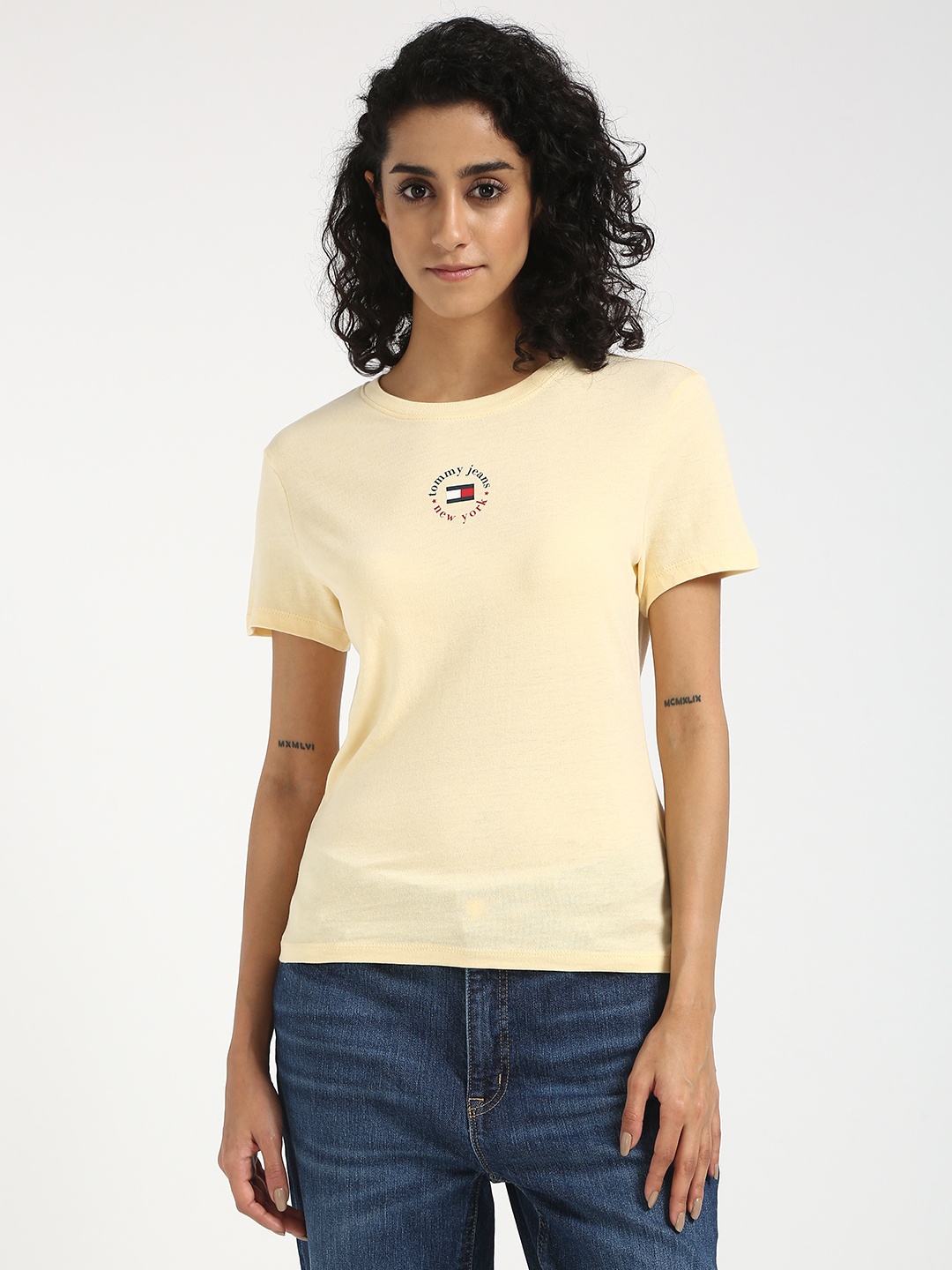 

Tommy Hilfiger Women Typography Applique Slim Fit T-shirt, Yellow