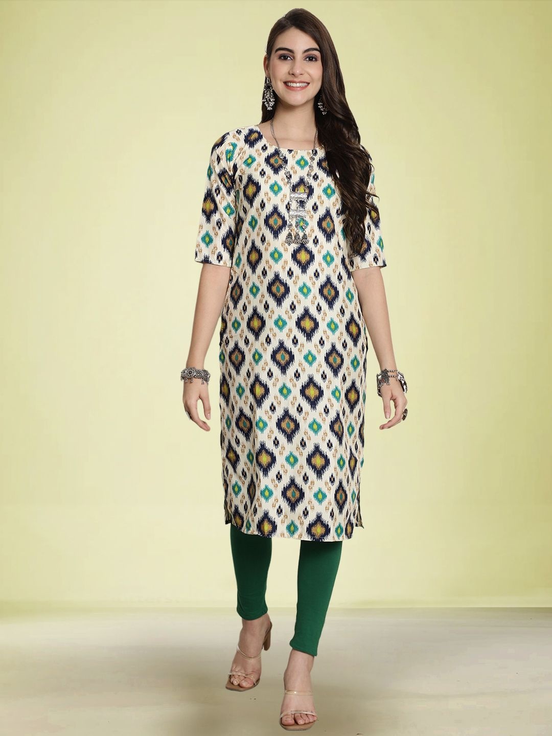 

Moda Rapido Geometric Printed Round Neck Straight Kurta, Cream