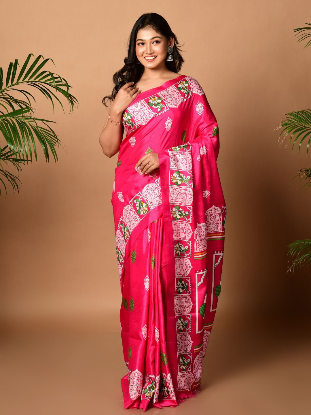 

Laa Calcutta Ethnic Motifs Printed Pure Silk Saree, Pink