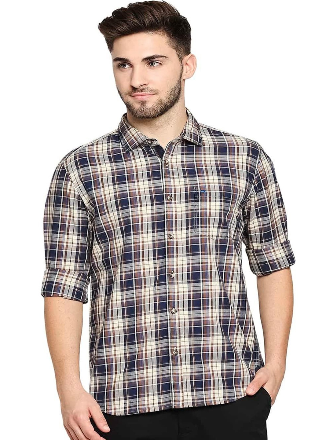 

Basics Men Slim Fit Spread Collar Tartan Checked Cotton Casual Shirt, Navy blue
