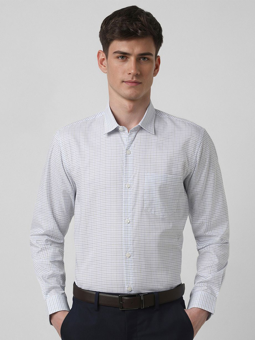 

Peter England Men Slim Fit Spread Collar Grid Tattersall Checked Cotton Formal Shirt, White
