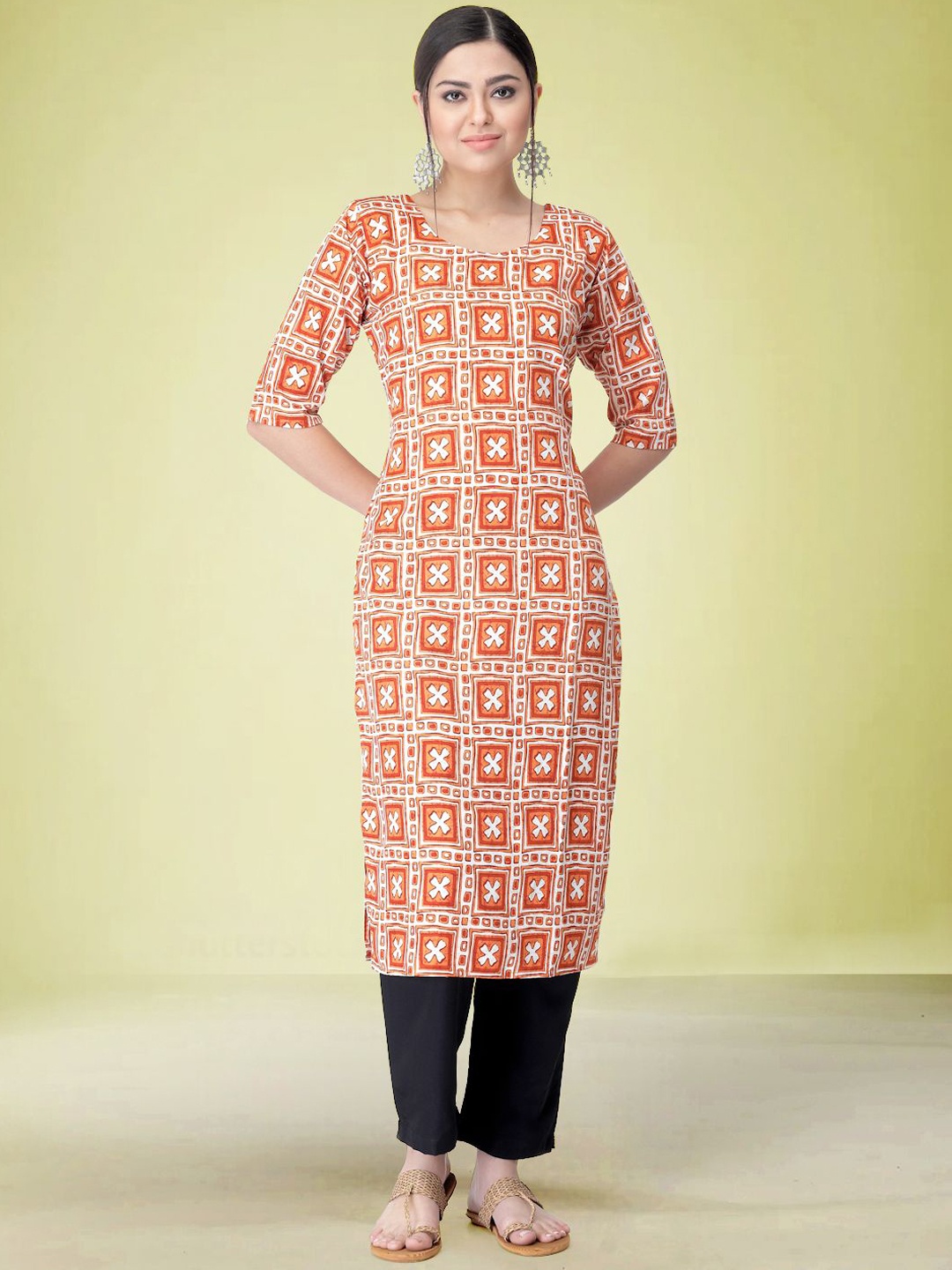 

Moda Rapido Geometric Printed Round Neck Straight Kurta with Trousers, Orange