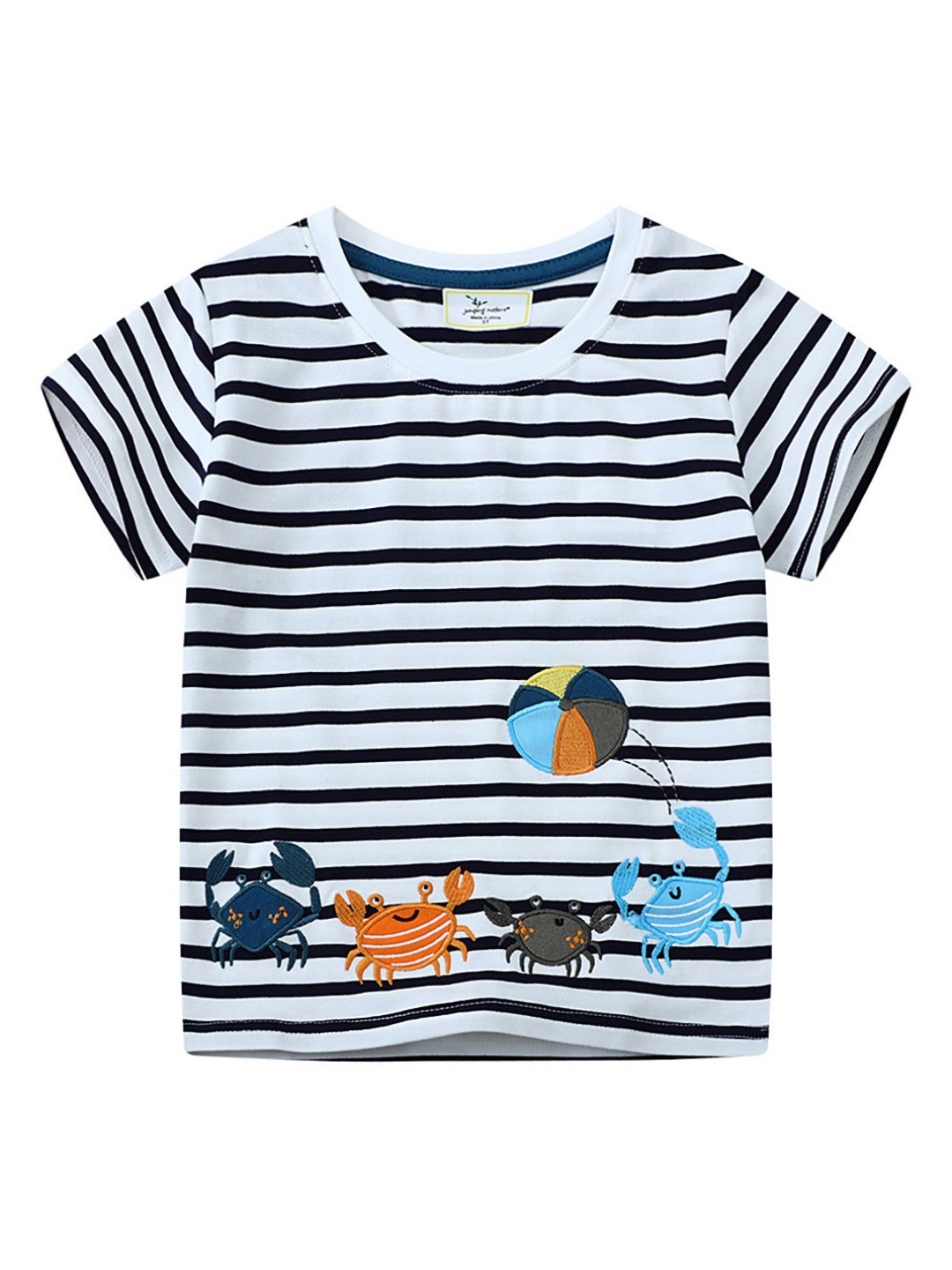 

LULU & SKY Boys Striped V-Neck Applique T-shirt, White